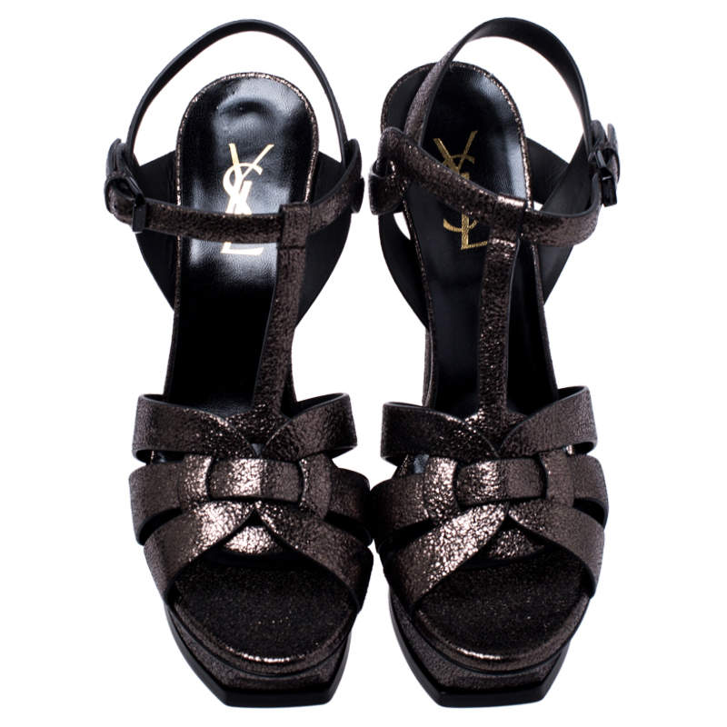 Pre Owned Saint Laurent Paris Metallic Grey Foil Leather Tribute Platform Ankle Strap Sandals Size 39