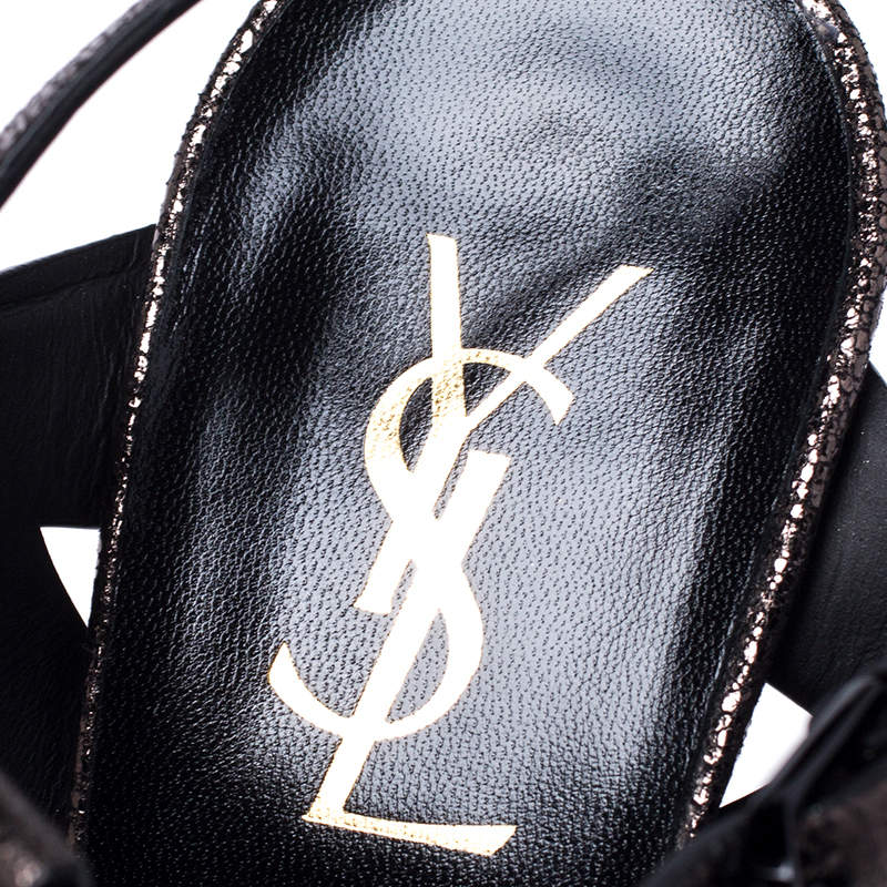 Pre Owned Saint Laurent Paris Metallic Grey Foil Leather Tribute Platform Ankle Strap Sandals Size 39