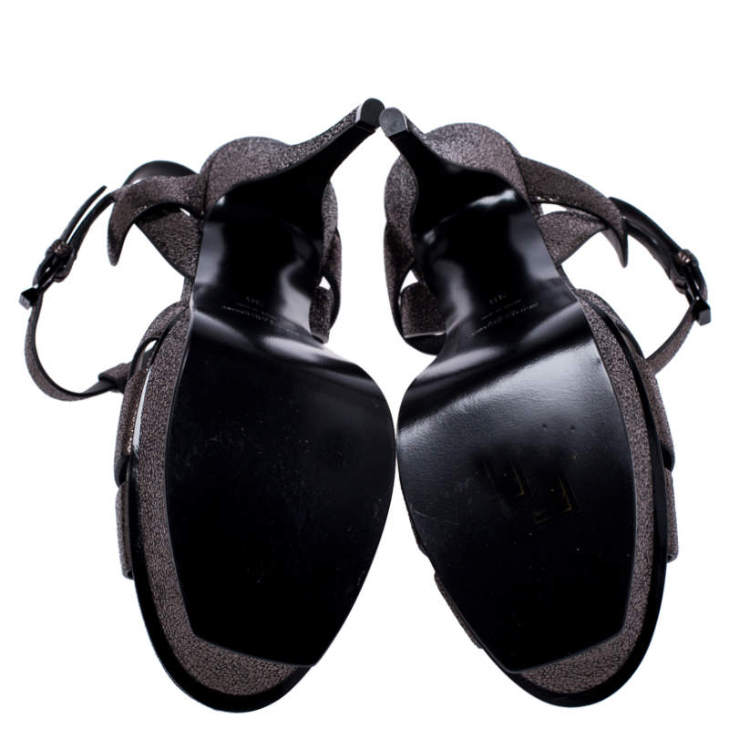 Pre Owned Saint Laurent Paris Metallic Grey Foil Leather Tribute Platform Ankle Strap Sandals Size 39