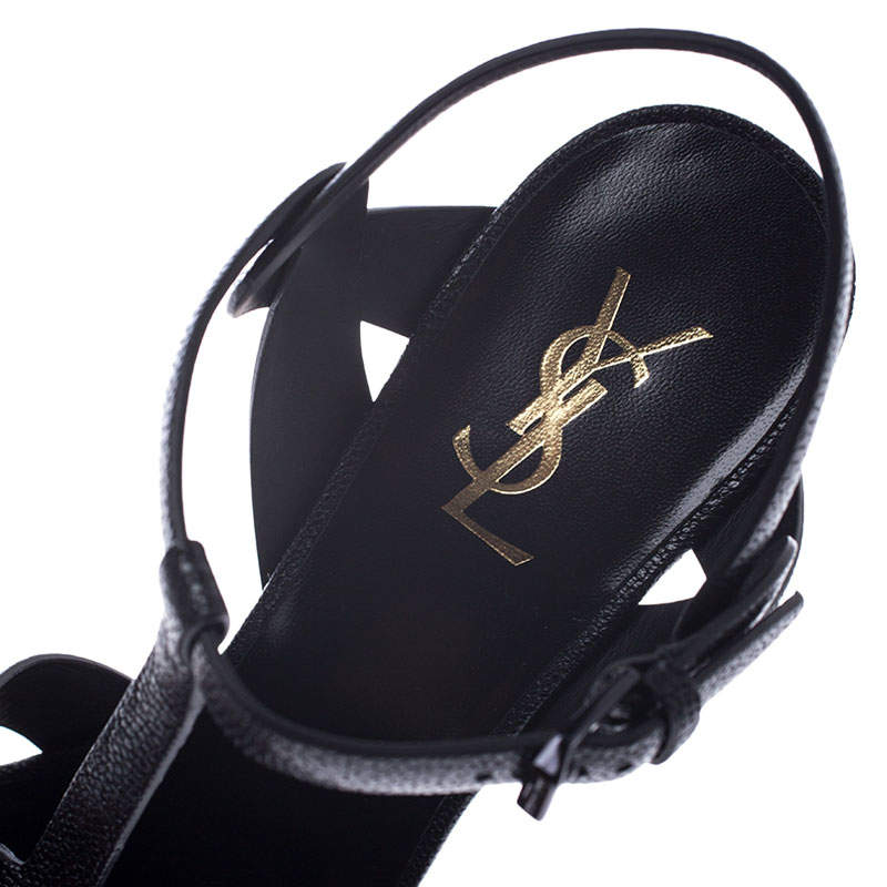 Pre Owned Saint Laurent Paris Black Grained Leather Tribute Platform Ankle Strap Sandals Size 40.5