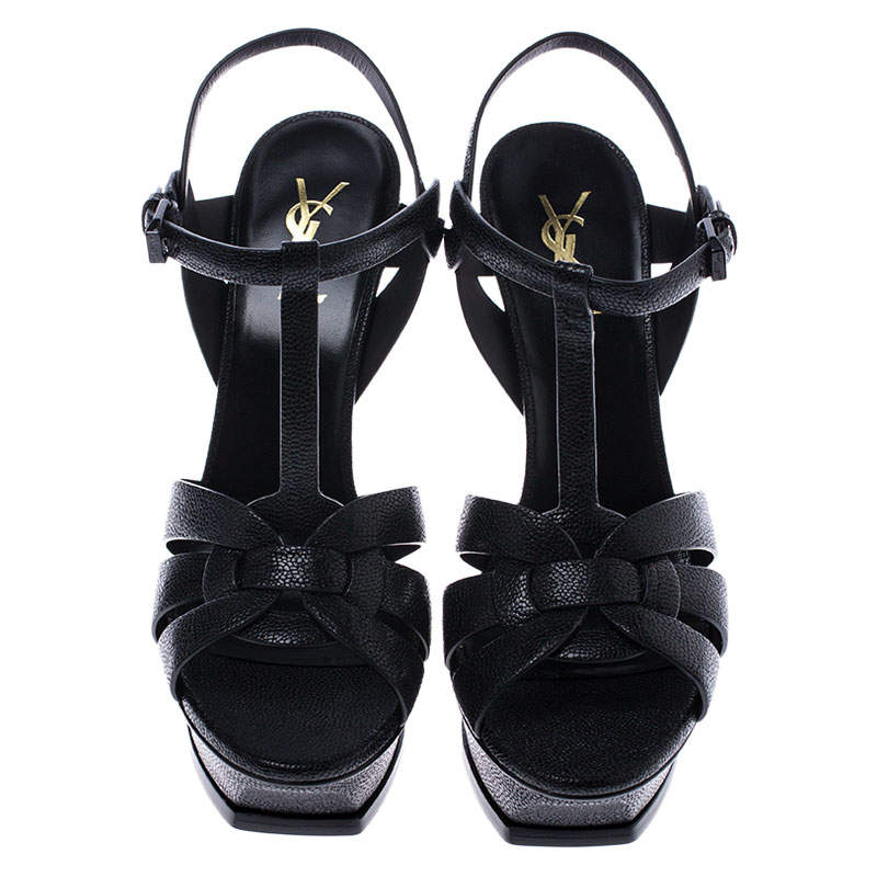 Pre Owned Saint Laurent Paris Black Grained Leather Tribute Platform Ankle Strap Sandals Size 40.5