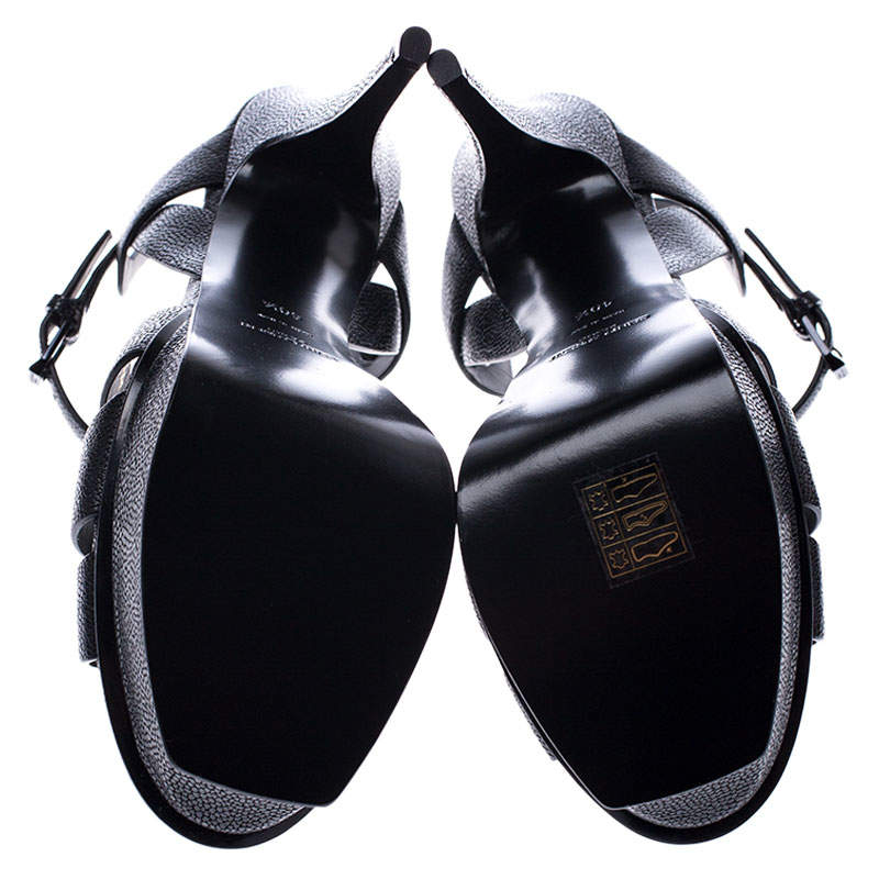 Pre Owned Saint Laurent Paris Black Grained Leather Tribute Platform Ankle Strap Sandals Size 40.5