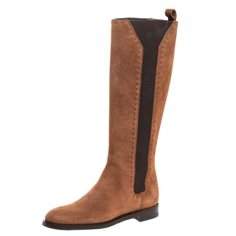 Pre Owned بوت للركبة سان لوران باريس تفاصيل خياطة إلاستيك وسويدي بني مقاس 35