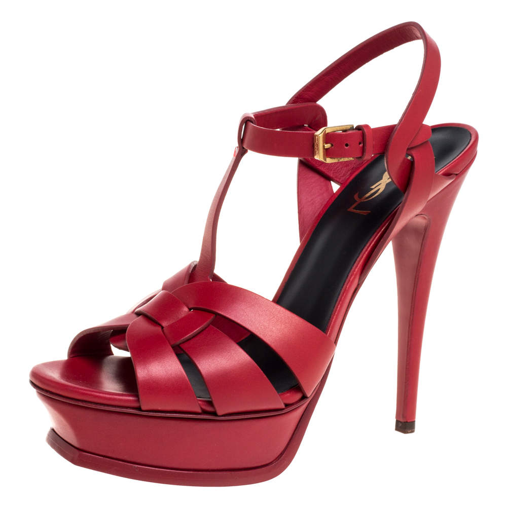 Saint Laurent Red Leather Tribute Platform Sandals Size 39.5