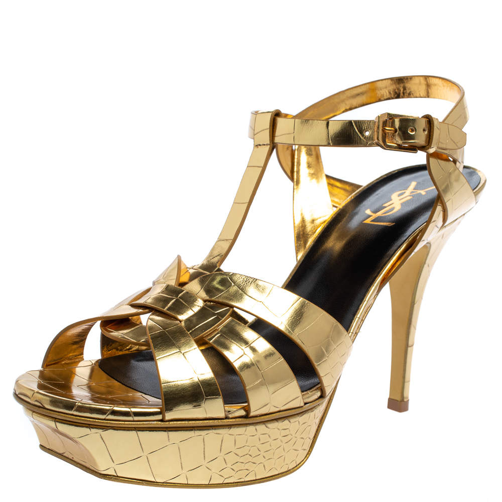 Saint Laurent Gold Textured Leather Tribute Platform Ankle Strap Sandals Size 41