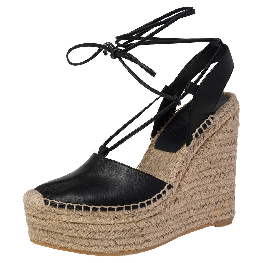 مملوكة مسبقًا Saint Laurent Black Leather Espadrille Wedge Ankle Tie Platform Sandals Size 37