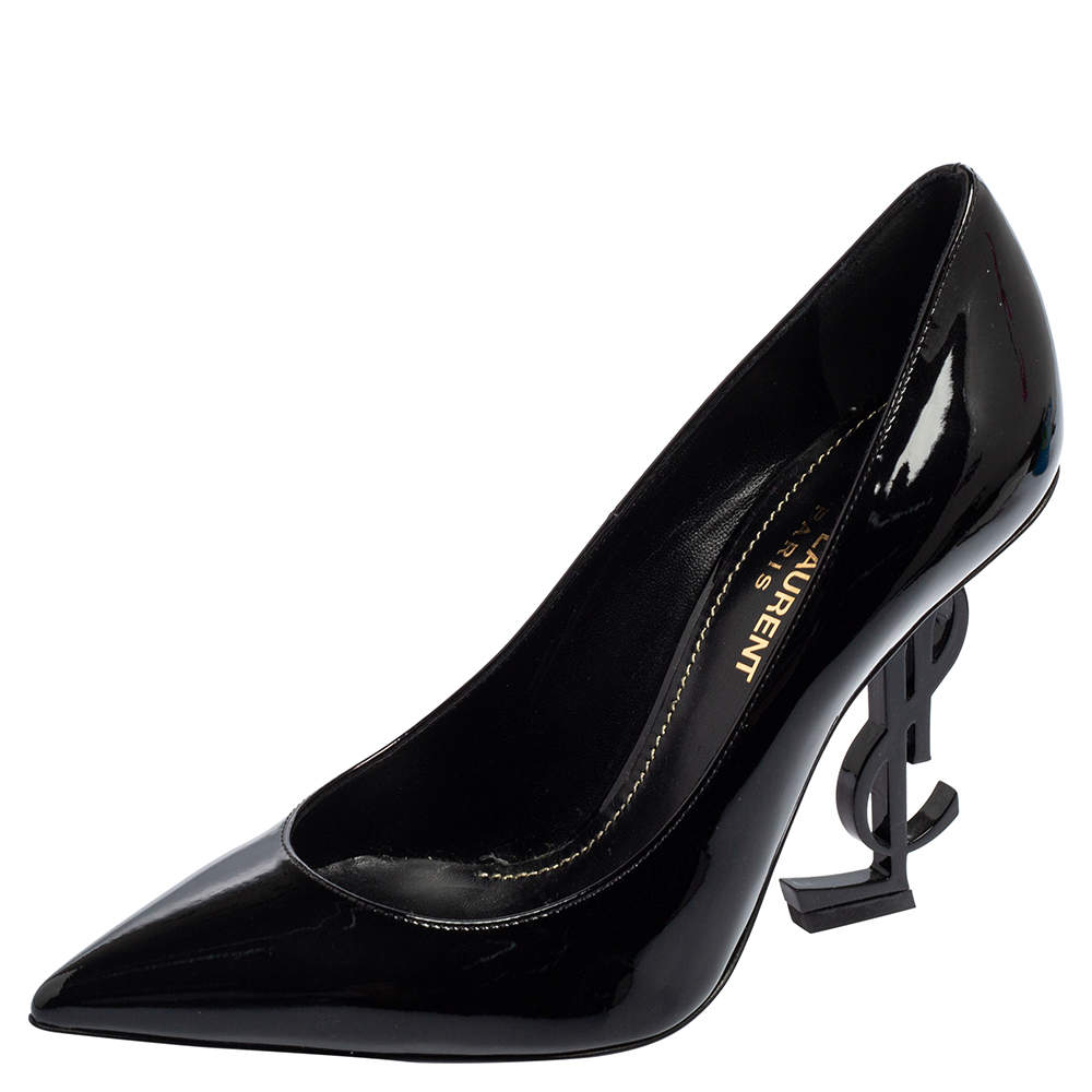 مملوكة مسبقًا حذاء كعب عالي سان لوران أوييم جلد أسود لامع مقدمة مدببة مقاس 35