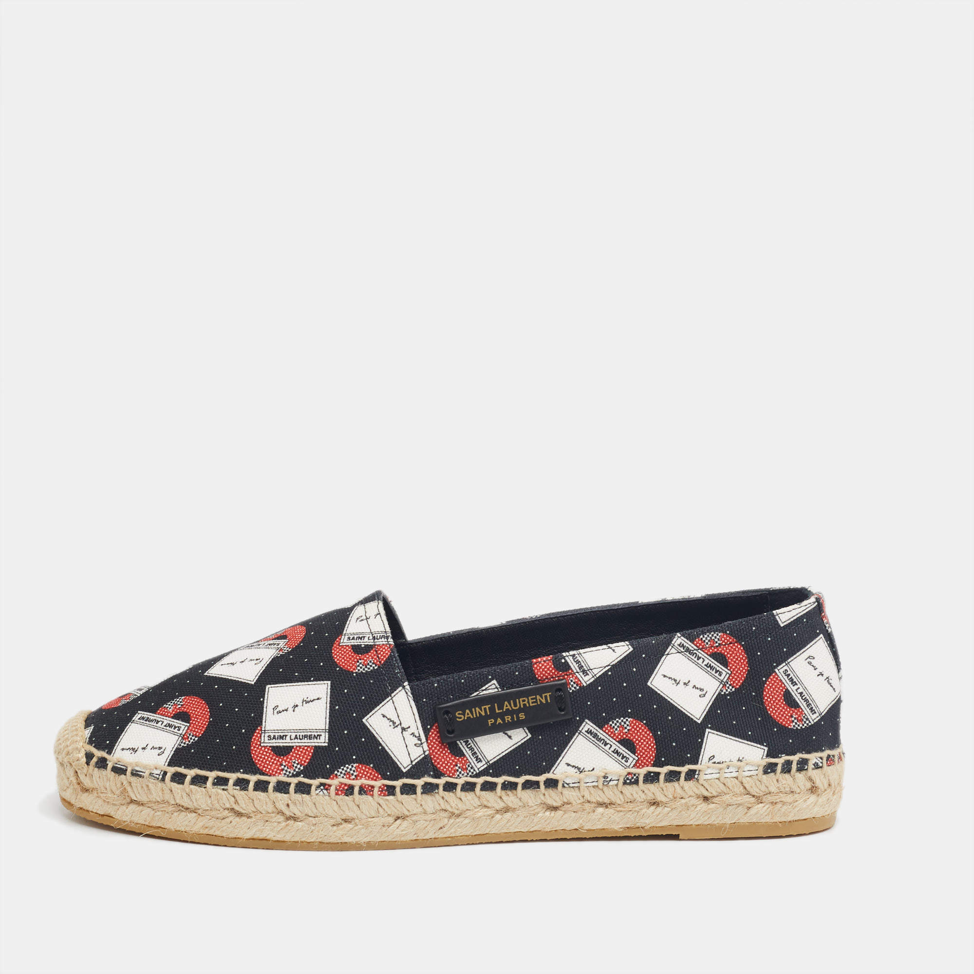مملوكة مسبقًا حذاء فلات إسبادريل سان لوران كانفاس مطبوع أسود مقاس 36