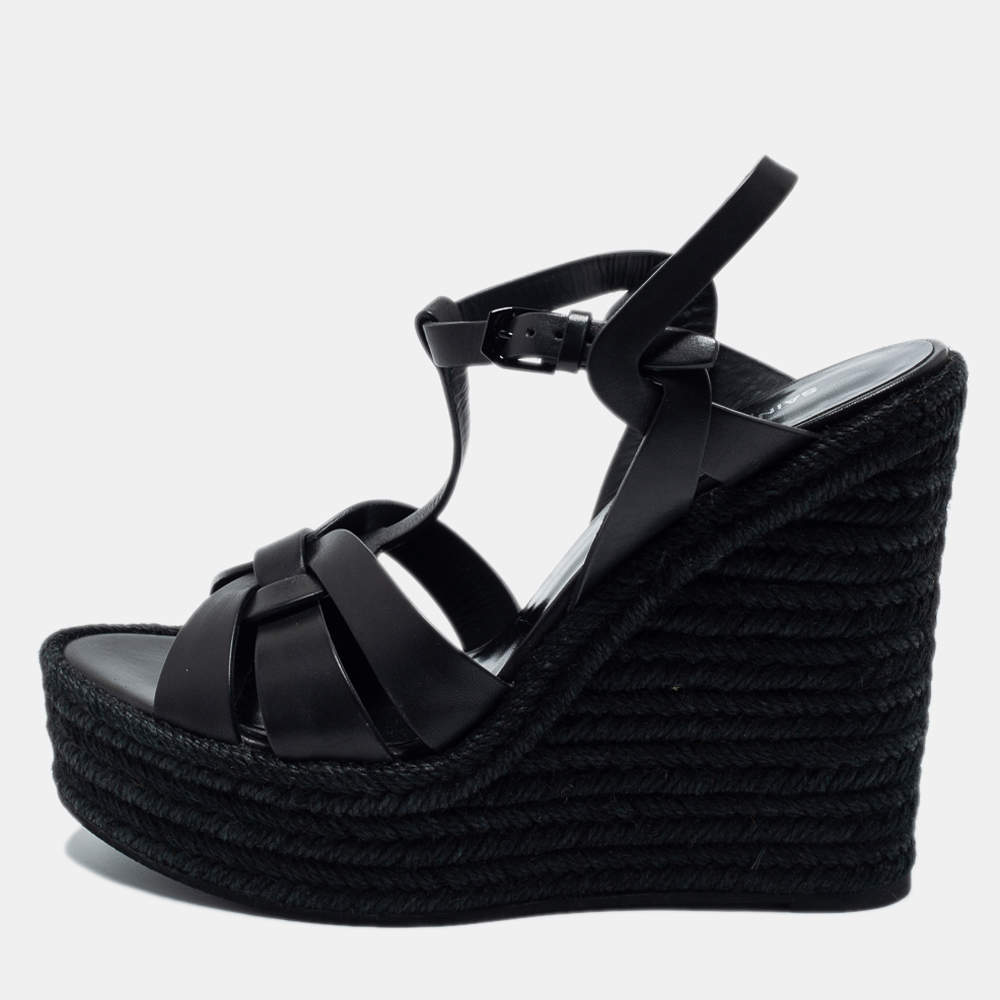 Pre Owned Saint Laurent Black Leather Tribute Espadrille Wedge Sandals Size 40