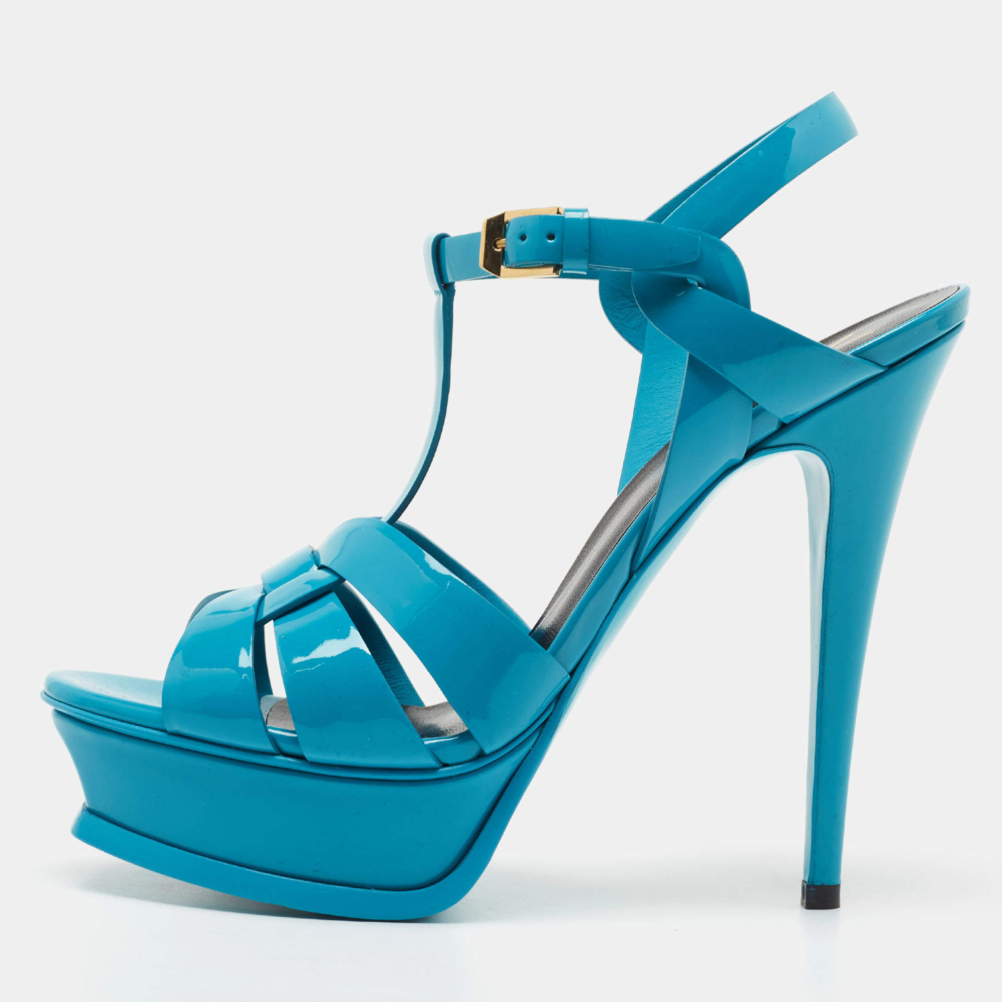Pre Owned Saint Laurent Blue Patent Leather Tribute Sandals Size 38.5
