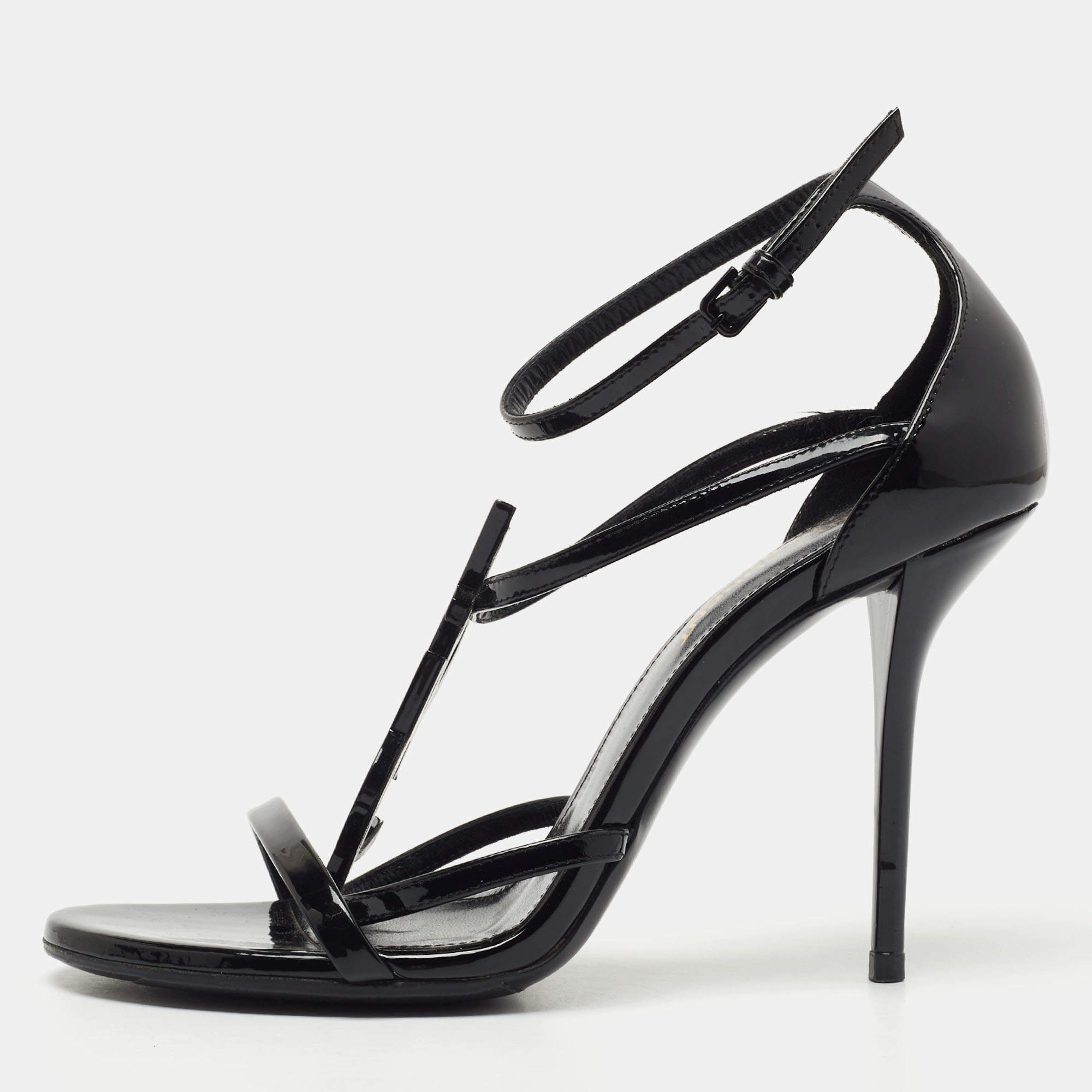 Saint Laurent Black Patent Leather Cassandra Sandals Size 36.5