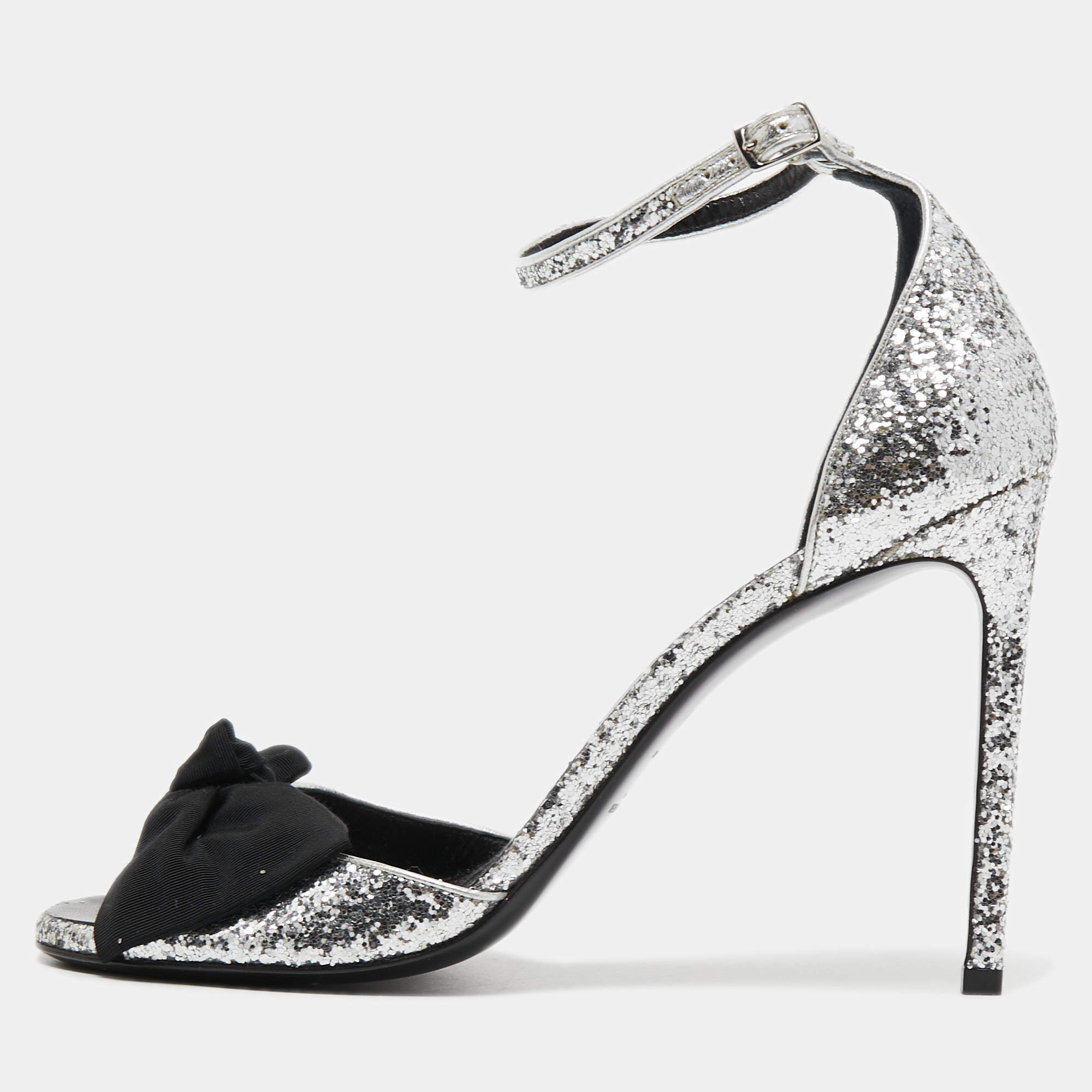 Pre Owned Saint Laurent Silver/Black Coarse Glitter and Fabric Jane Bow Ankle Strap Sandals Size 40