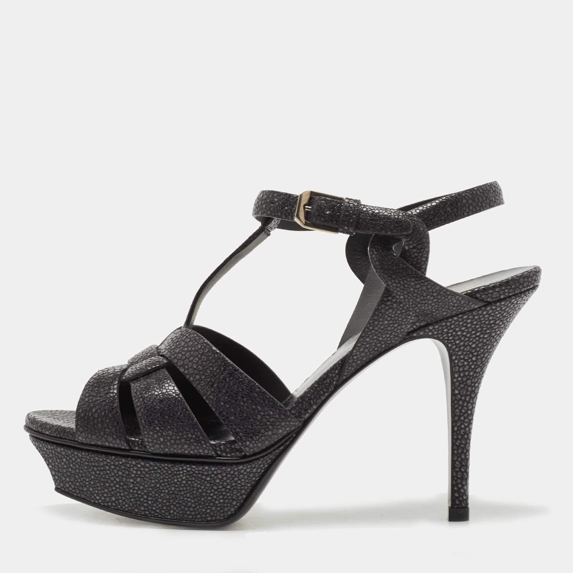 Pre Owned Saint Laurent Dark Grey Textured Leather Tribute Sandals Size 37