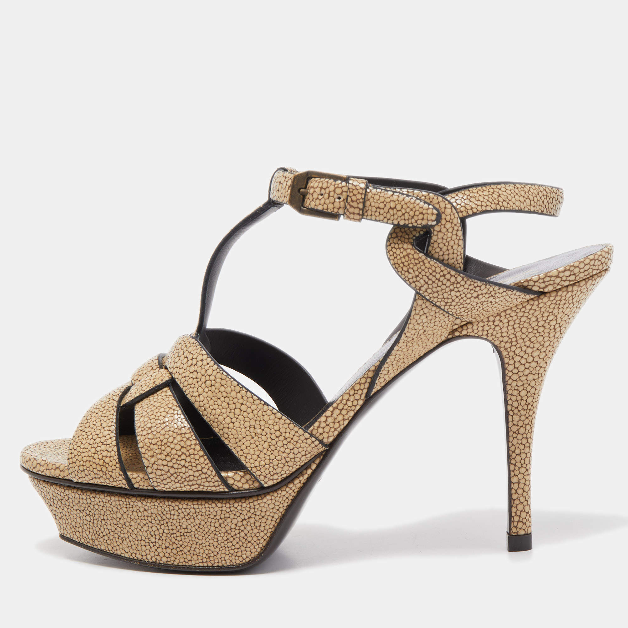 Saint Laurent Beige Textured Leather Tribute Sandals Size 37