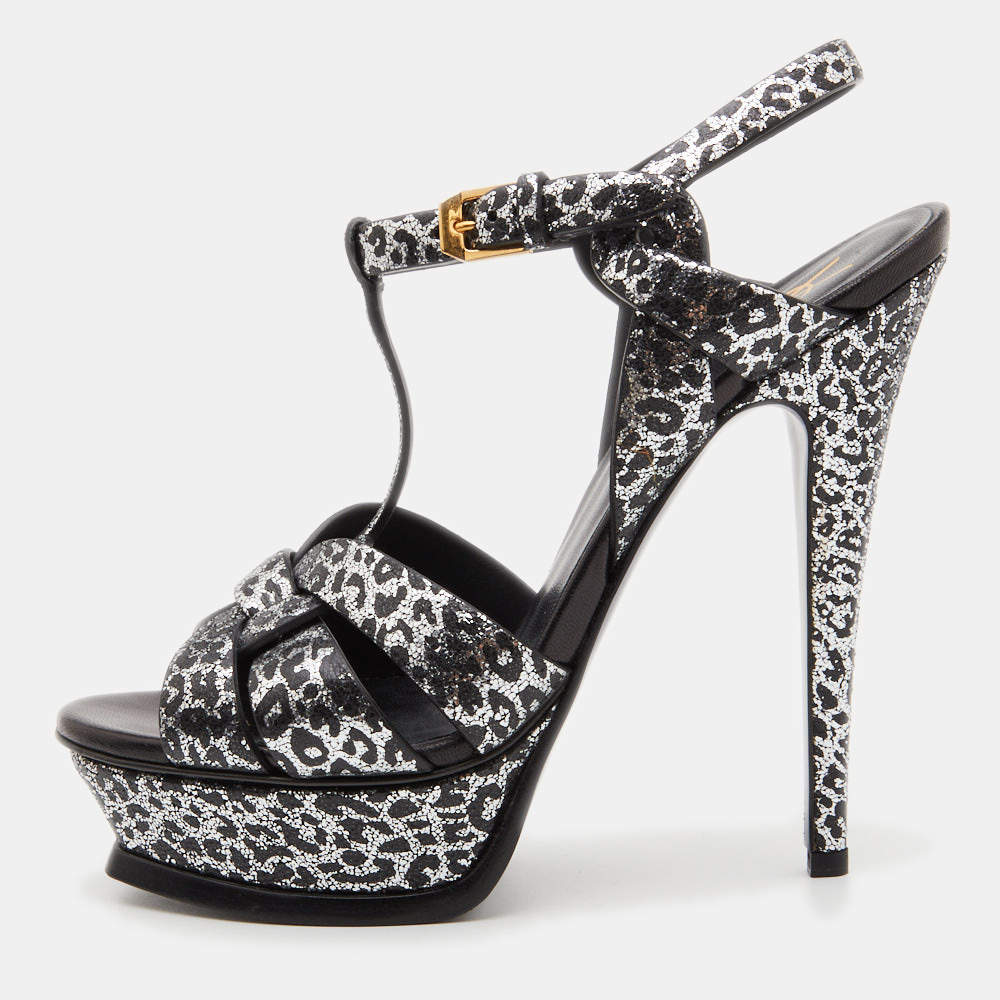 مملوكة مسبقًا Saint Laurent Silver/Black Leopard Print Glitter Suede Tribute Sandals Size 37