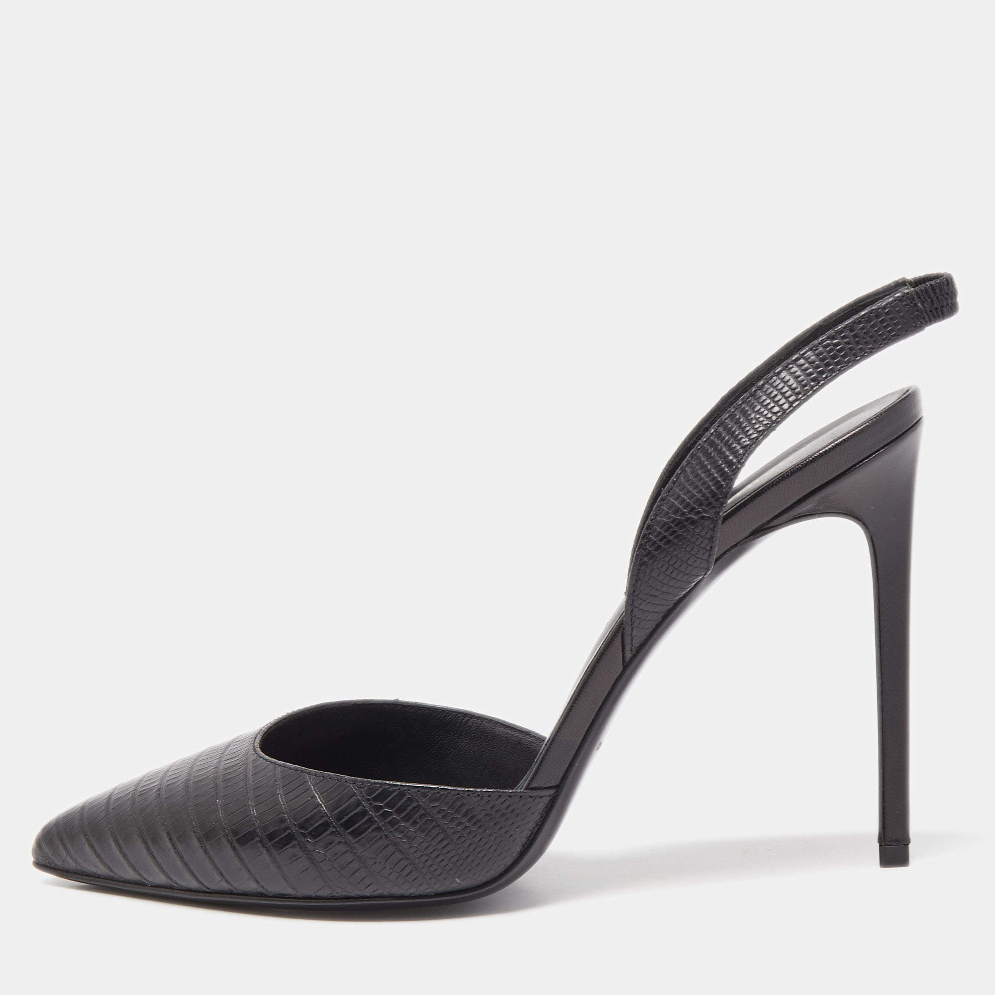 Pre Owned Saint Laurent Black Lizard Embossed Leather Slingback Pumps Size 37.5