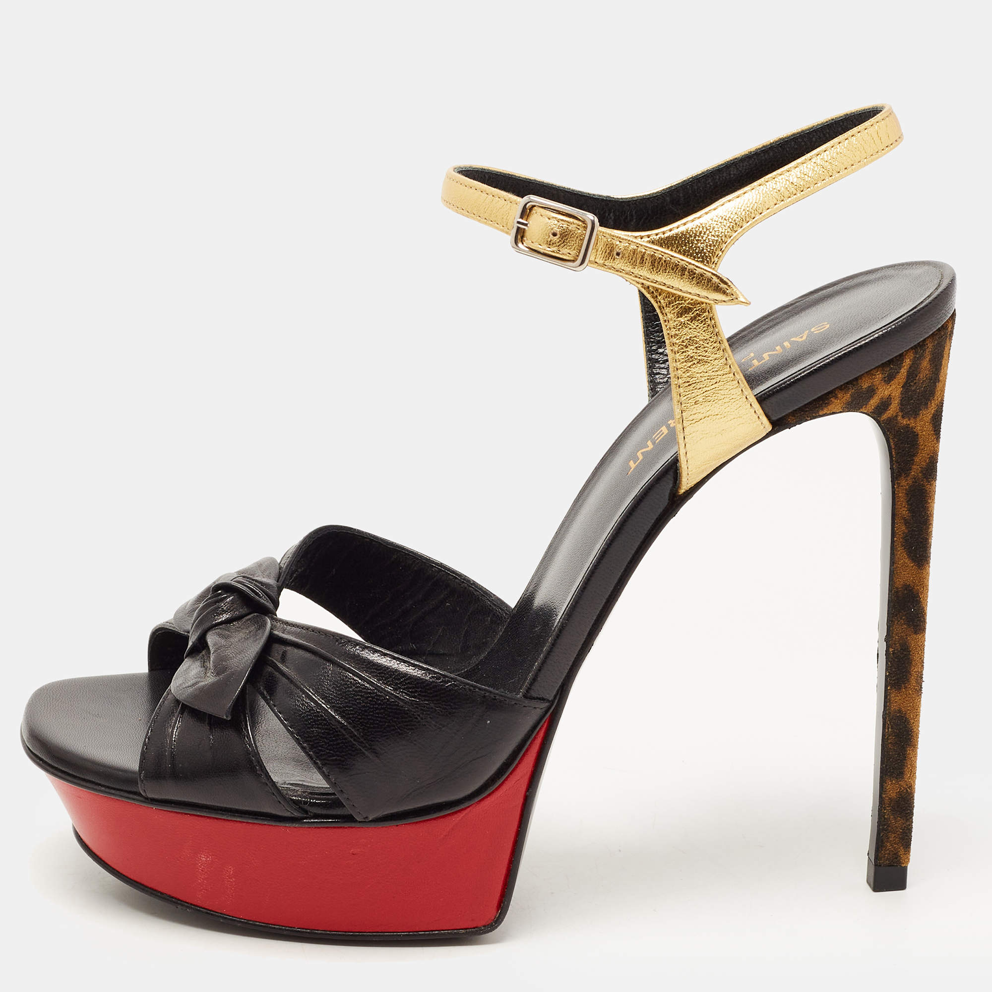 مملوكة مسبقًا Saint Laurent Black Leather Bow Platform Ankle Strap Sandals Size 39
