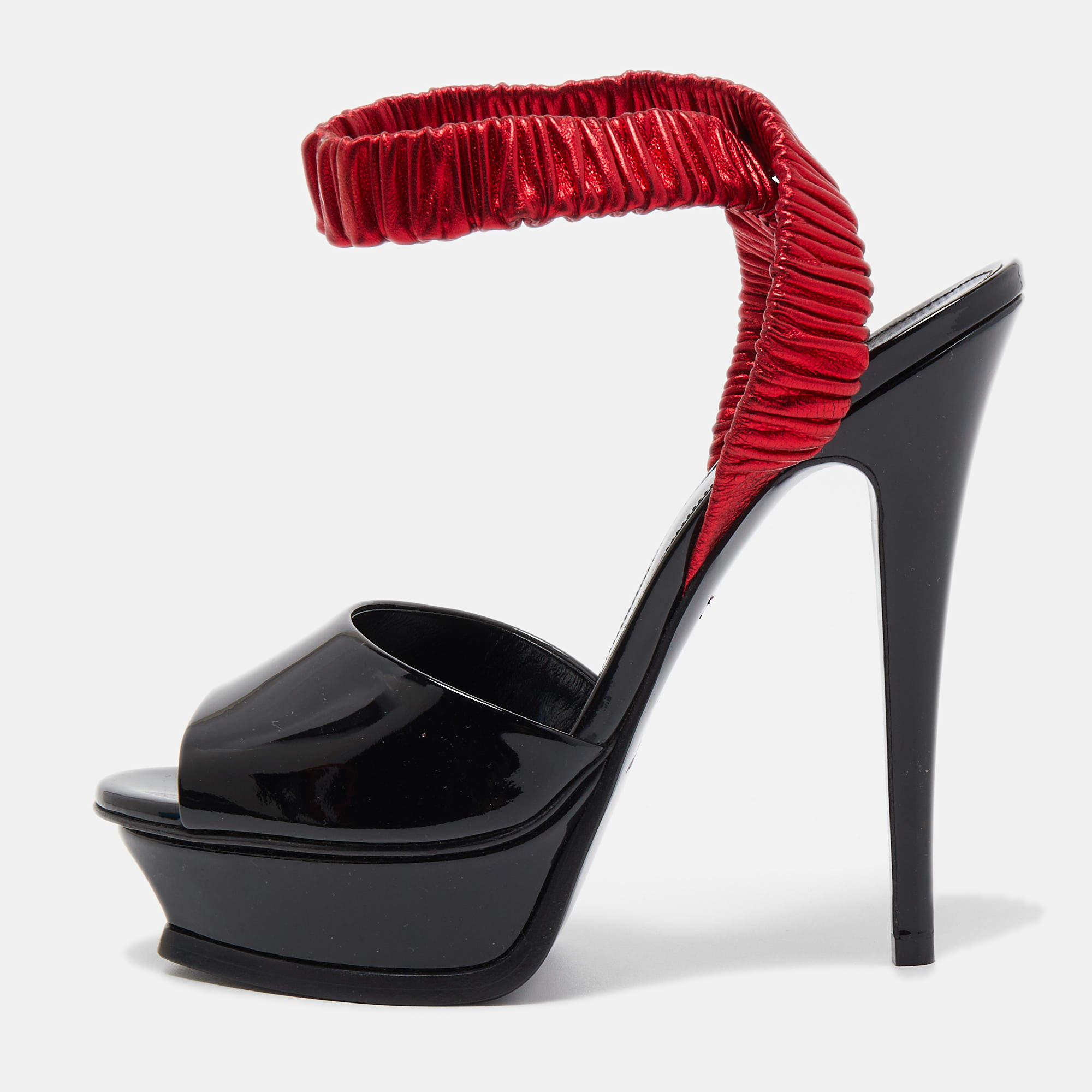 مملوكة مسبقًا Saint Laurent Black Patent Leather Platform Ankle Wrap Sandals Size 36.5