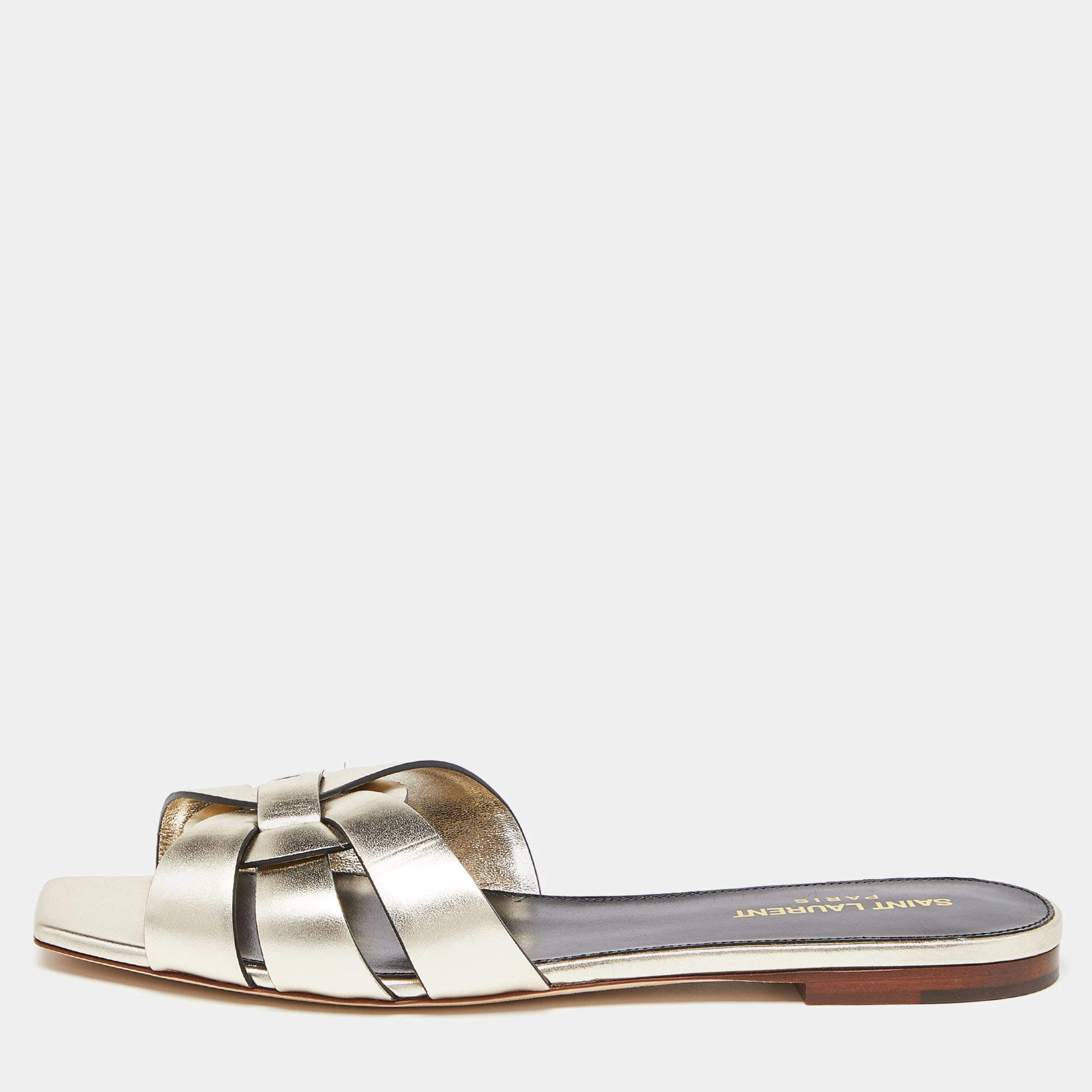 Pre Owned Saint Laurent Gold Leather Tribute Flat Slides Size 38.5