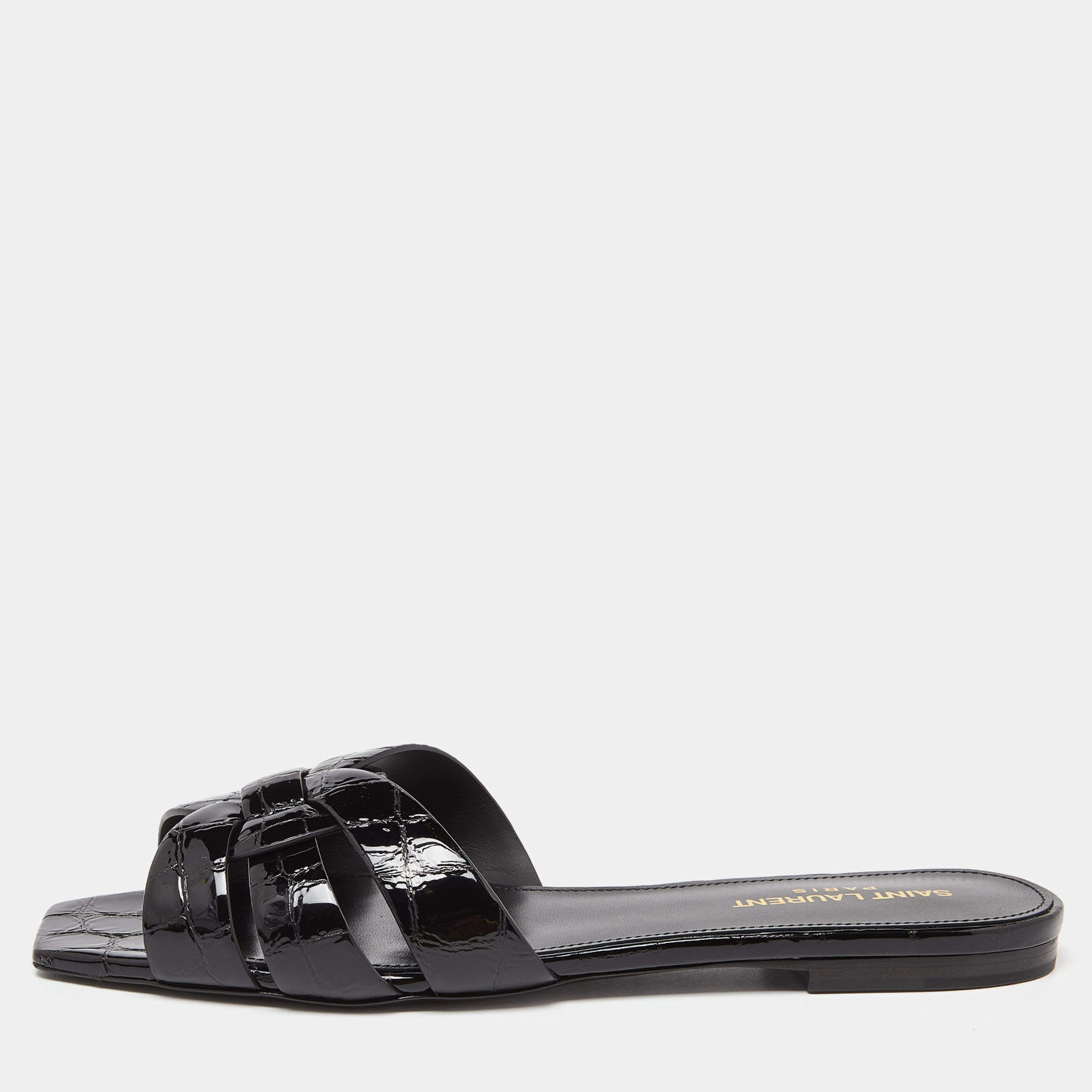 Saint Laurent Black Croc Embossed Patent Leather Tribute Flat Slides Size 38.5