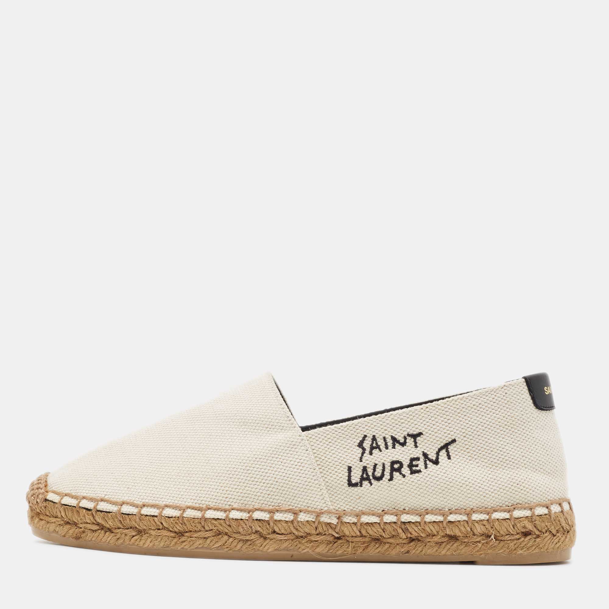 Pre Owned Saint Laurent White Canvas Logo Embroidered Espadrille Flats Size 35.5