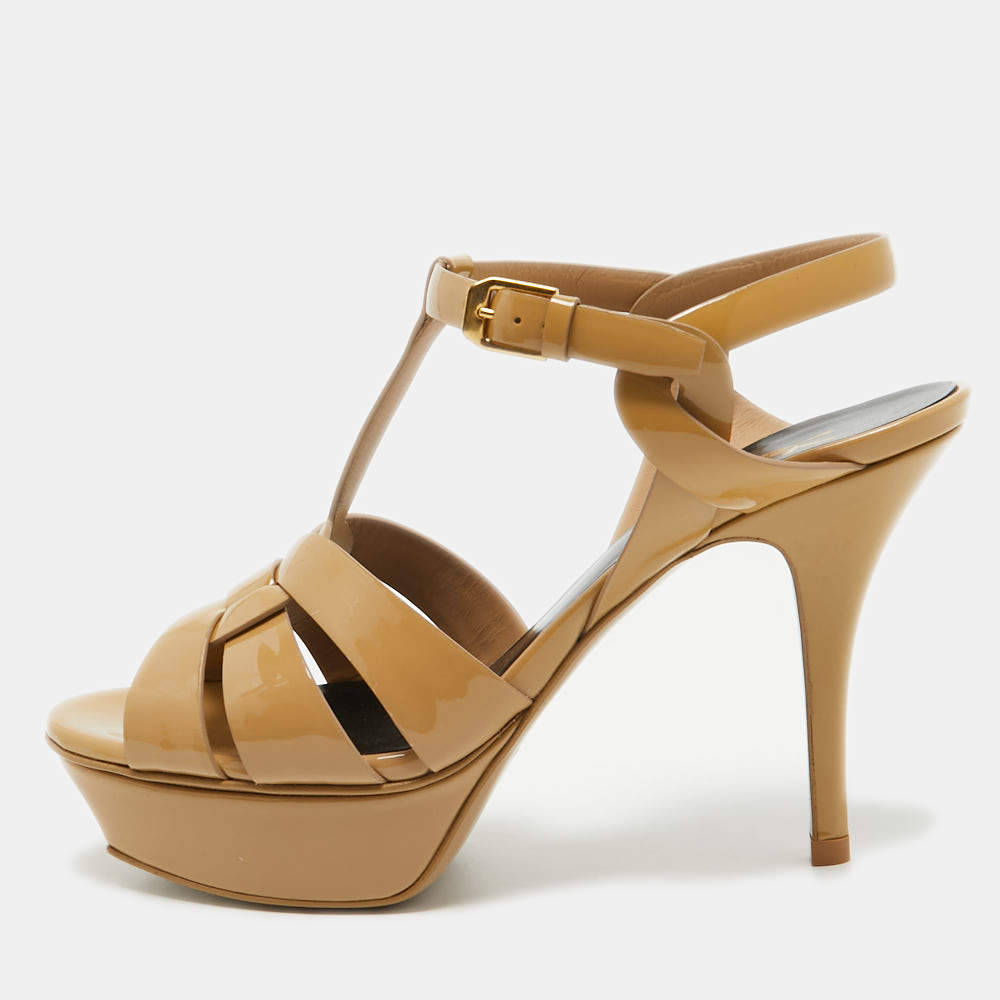 Pre Owned Saint Laurent Beige Patent Tribute Sandals Size 37