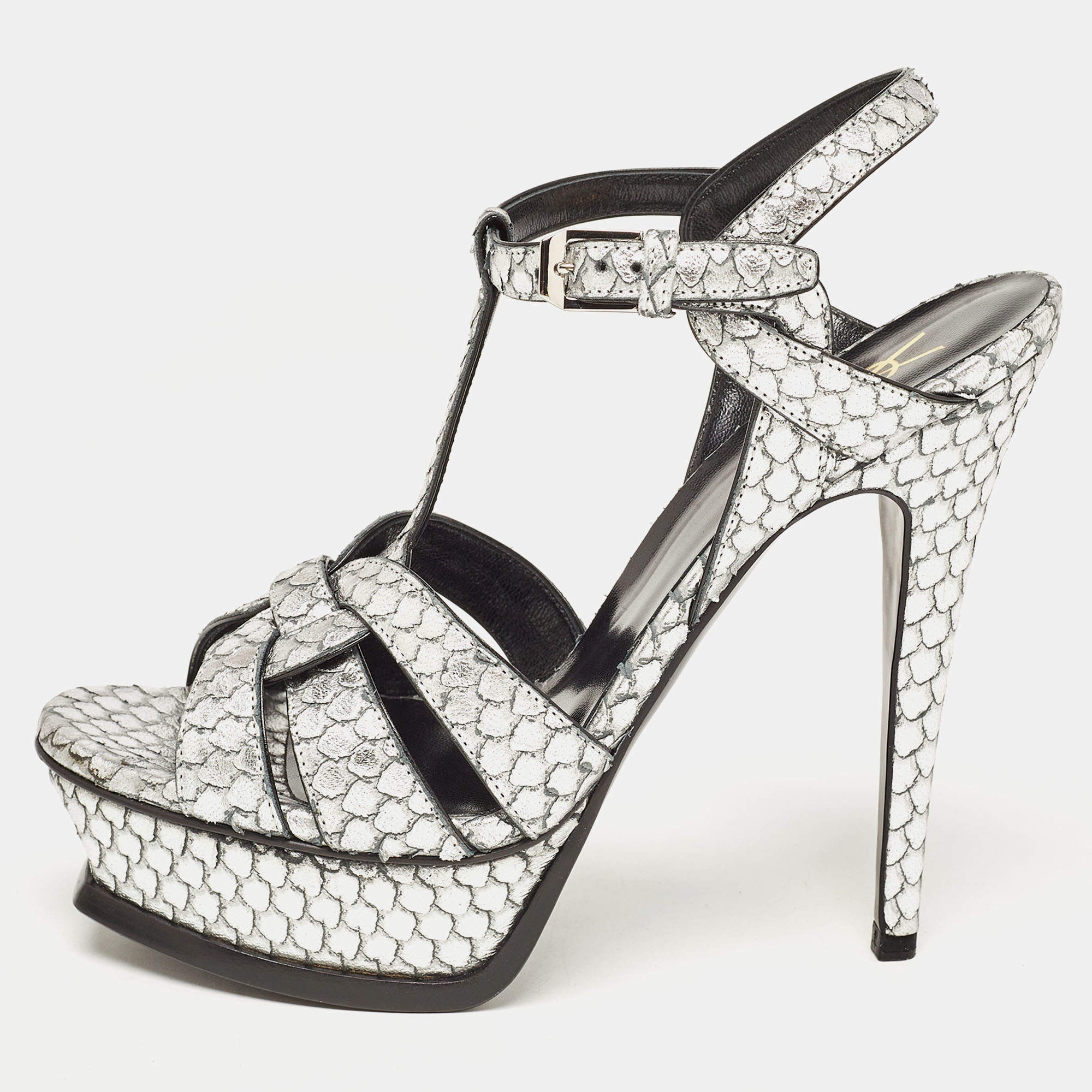 Saint Laurent Silver Python Embossed Leather Tribute  Ankle Strap Sandals Size 36.5