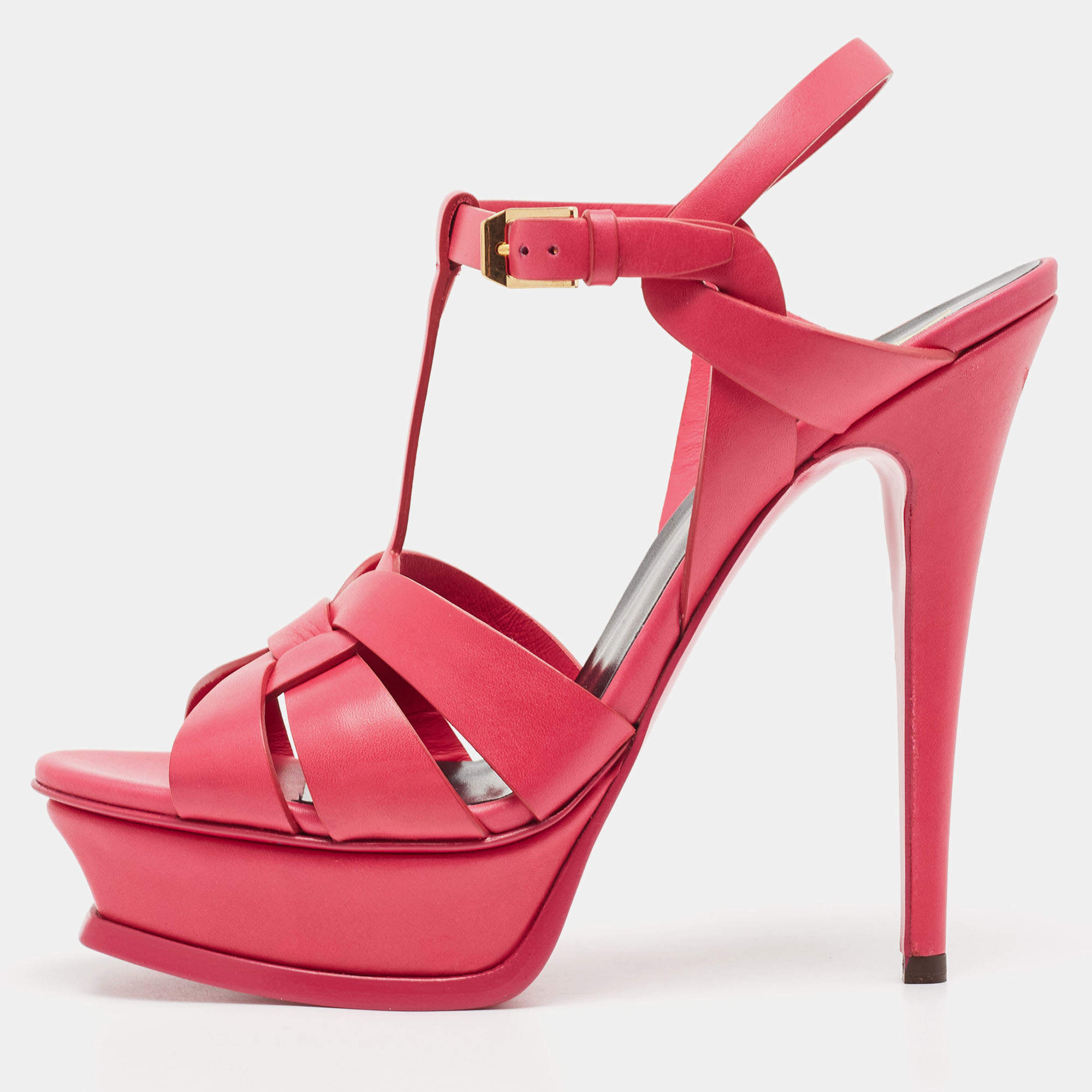 Pre Owned Saint Laurent Pink Leather Tribute Sandals Size 38