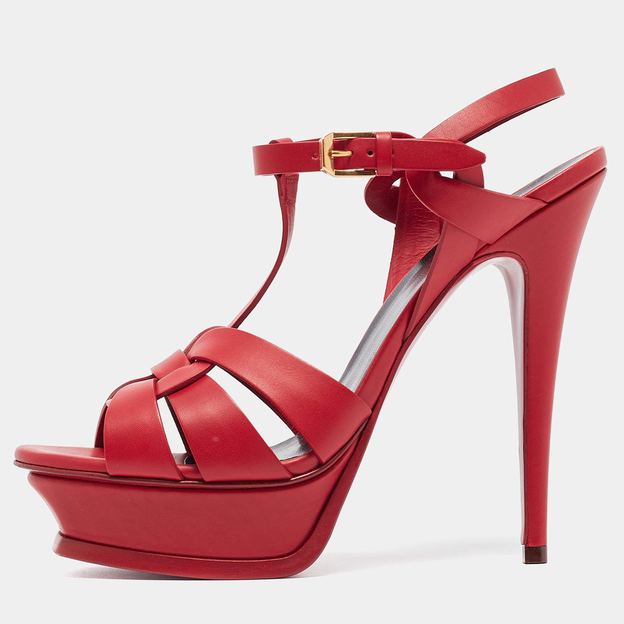 Pre Owned Saint Laurent Red Leather Tribute Sandals Size 38.5