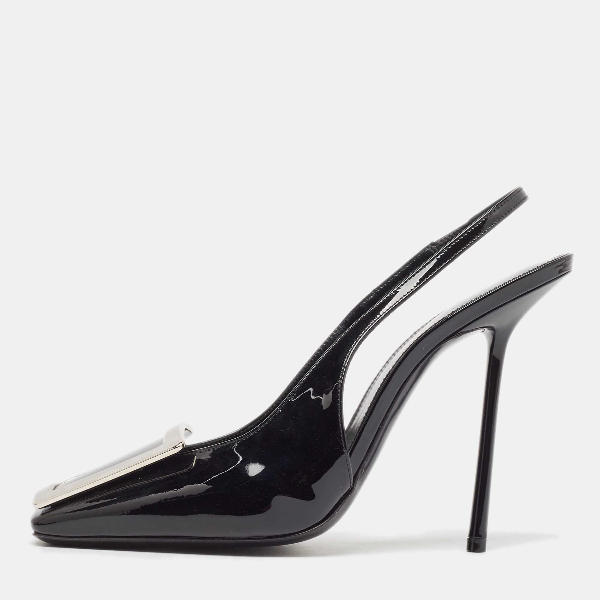 Saint Laurent Black Patent Leather George Slingback Pumps Size 38.5