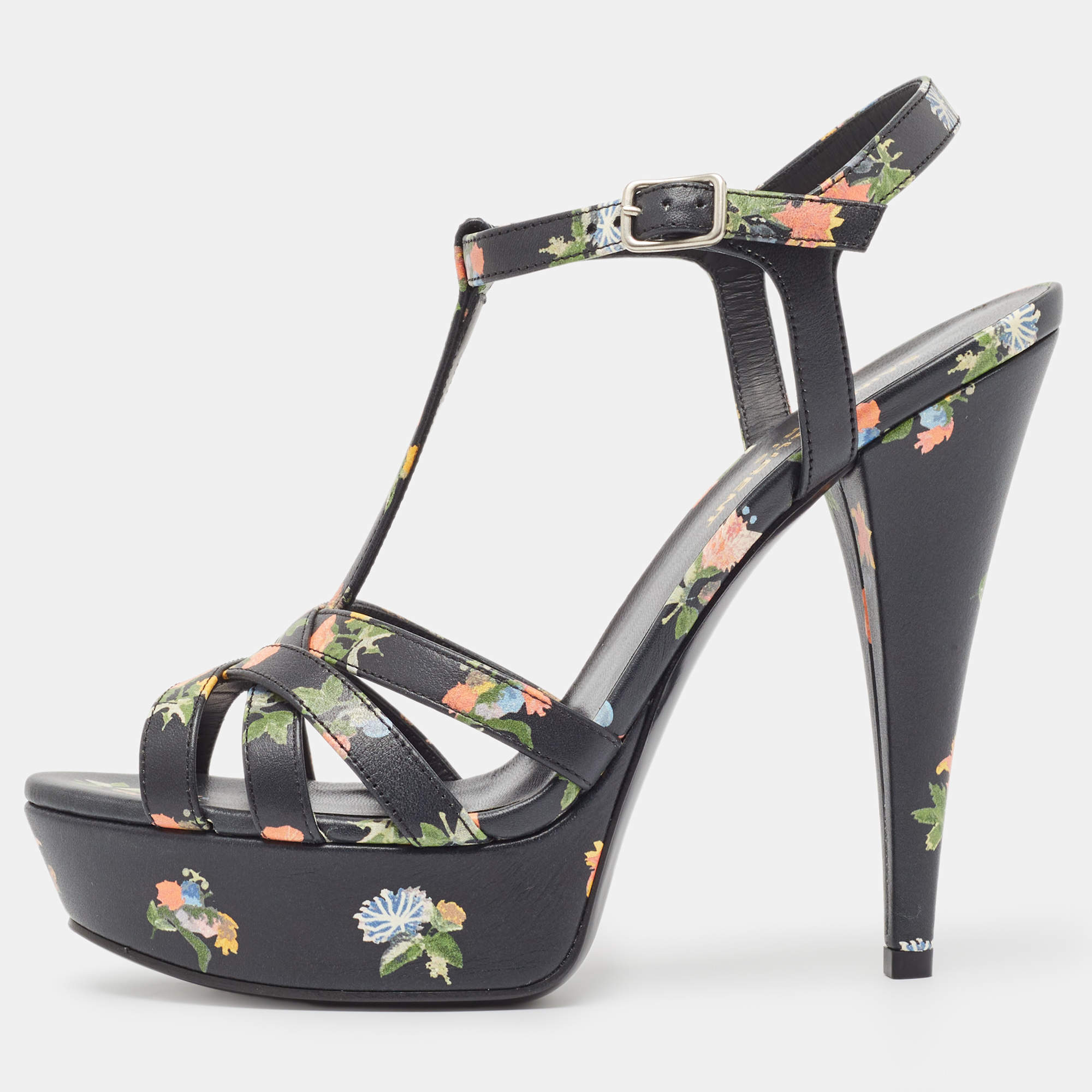 Pre Owned Saint Laurent Black Floral Print Leather Platform Sandals Size 37.5