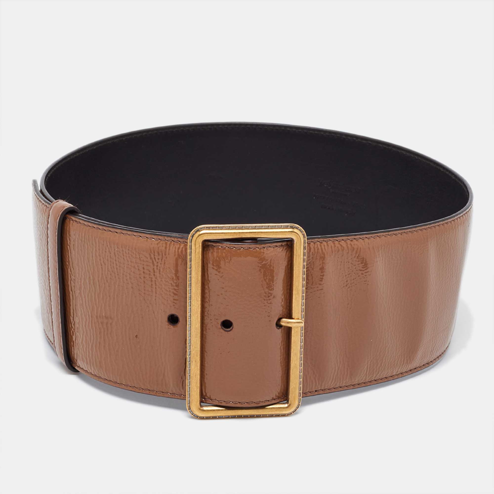 Pre Owned Saint Laurent Brown Patent Leather Buckle Wide Belt 70CM