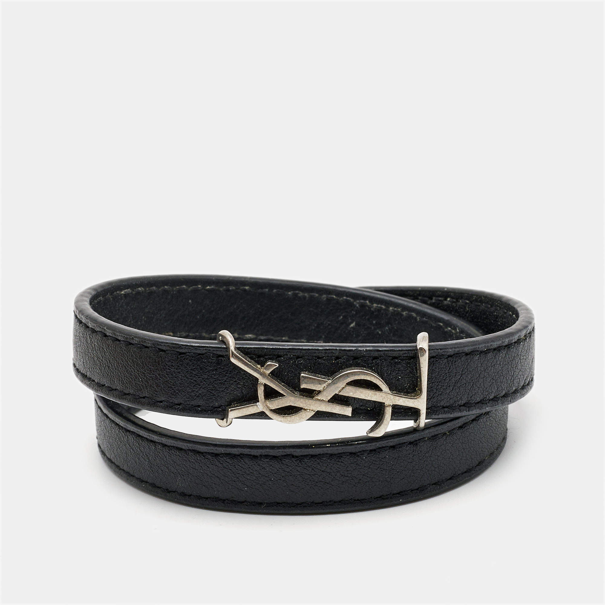 Saint Laurent Opyum Black Leather Silver Tone Wrap Bracelet