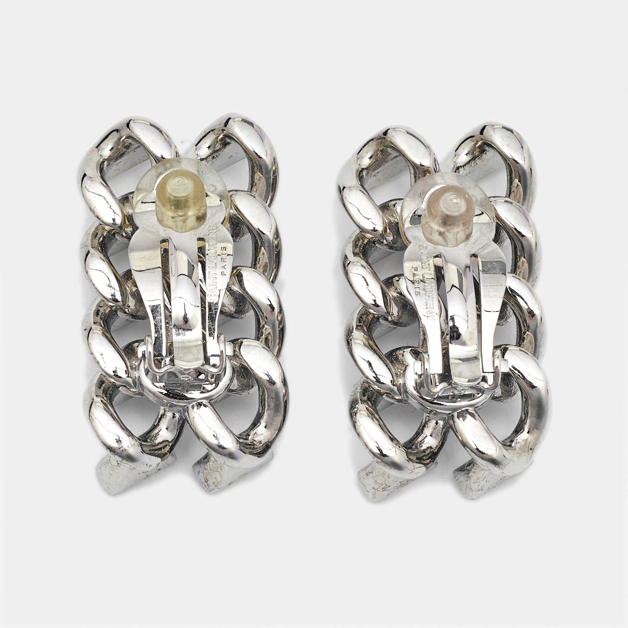Saint Laurent Chain Link Crystal Silver Tone Clip On
