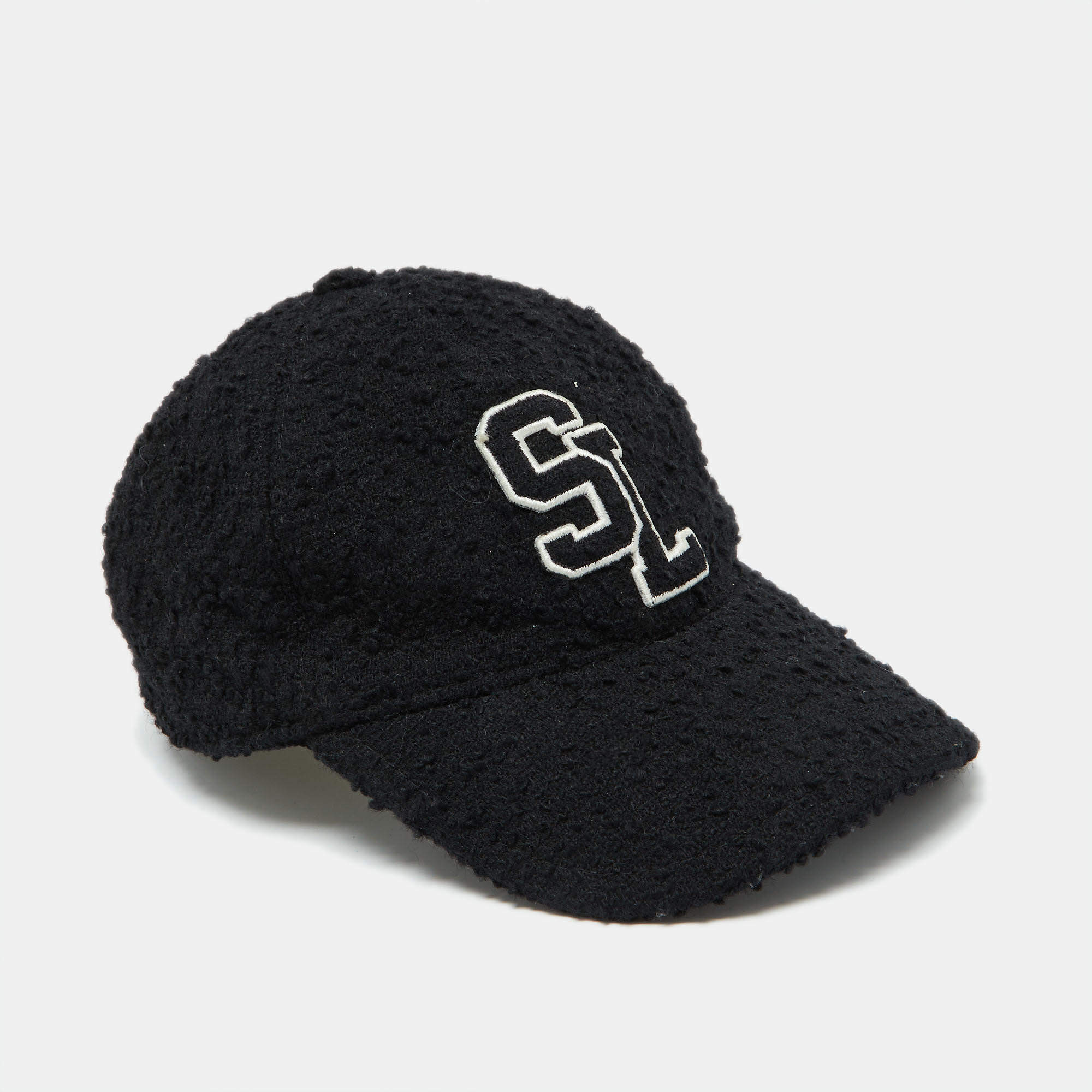 Saint Laurent Paris Black Logo Wool Tweed Baseball Cap Size 57