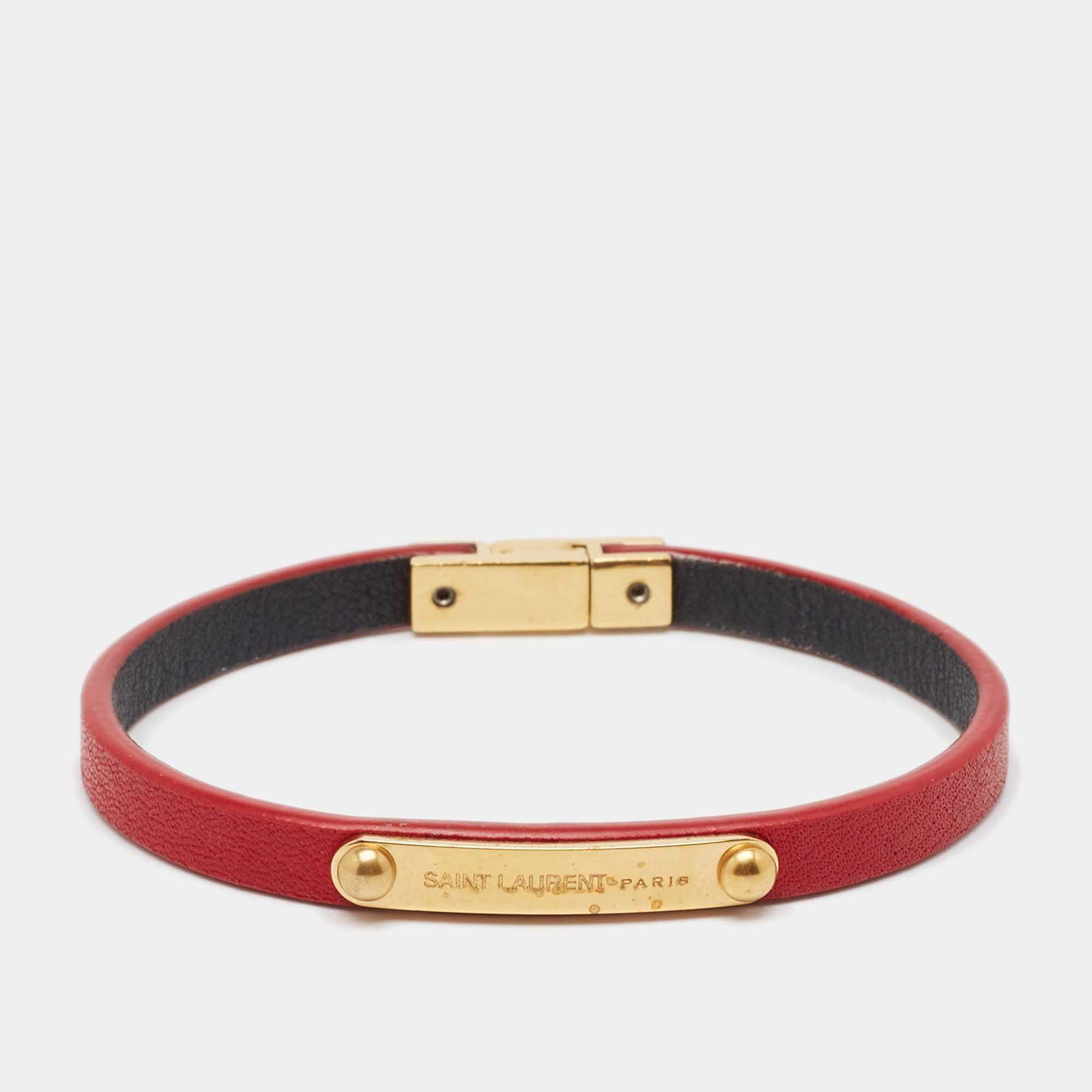 Pre Owned Saint Laurent  Red Logo Leather Gold Tone Bracelet