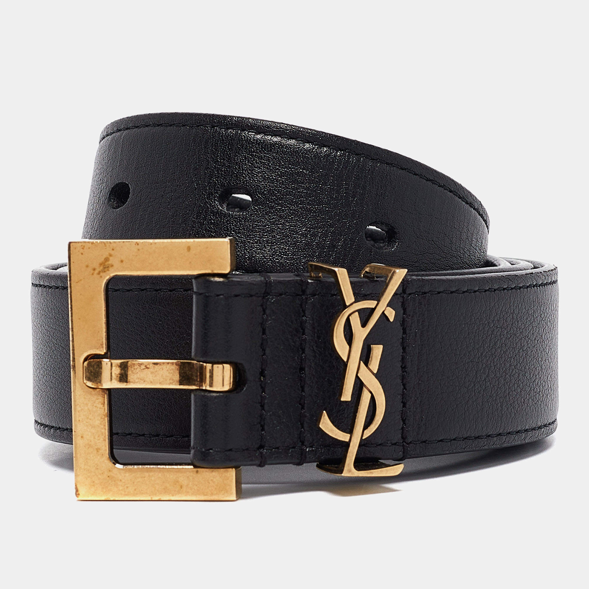 Pre Owned Saint Laurent Black Leather Cassandre Belt 75 CM