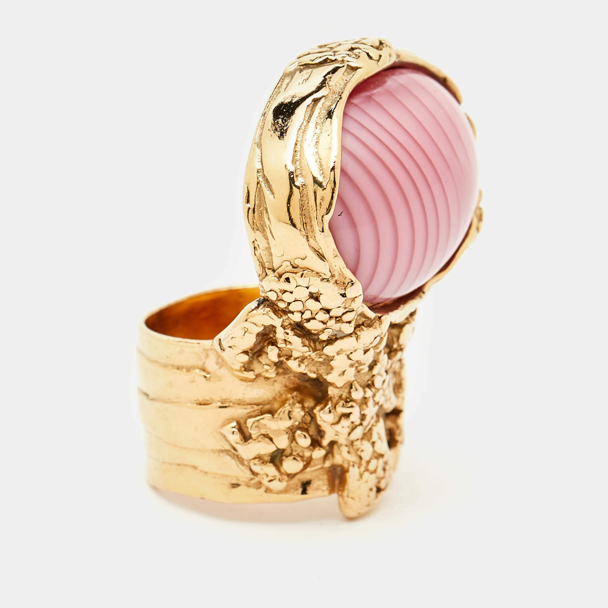Pre Owned Saint Laurent Pink Cabochon Arty Gold Tone Cocktail Ring Size 57