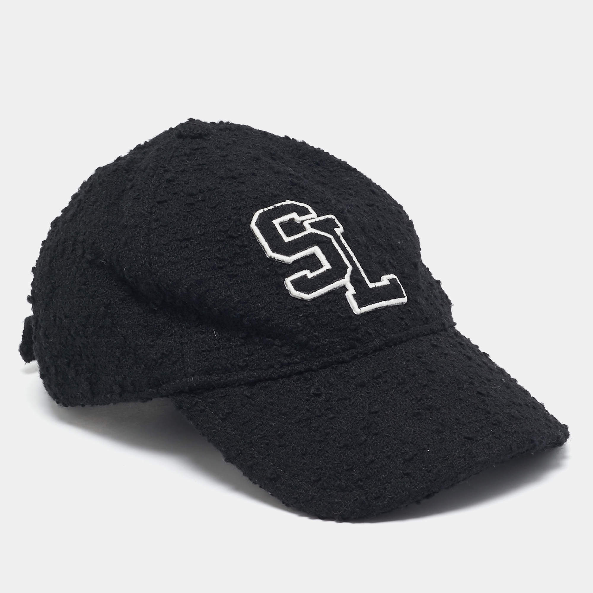 Saint Laurent Black Logo Wool Boucle Tweed Baseball Cap Size 56