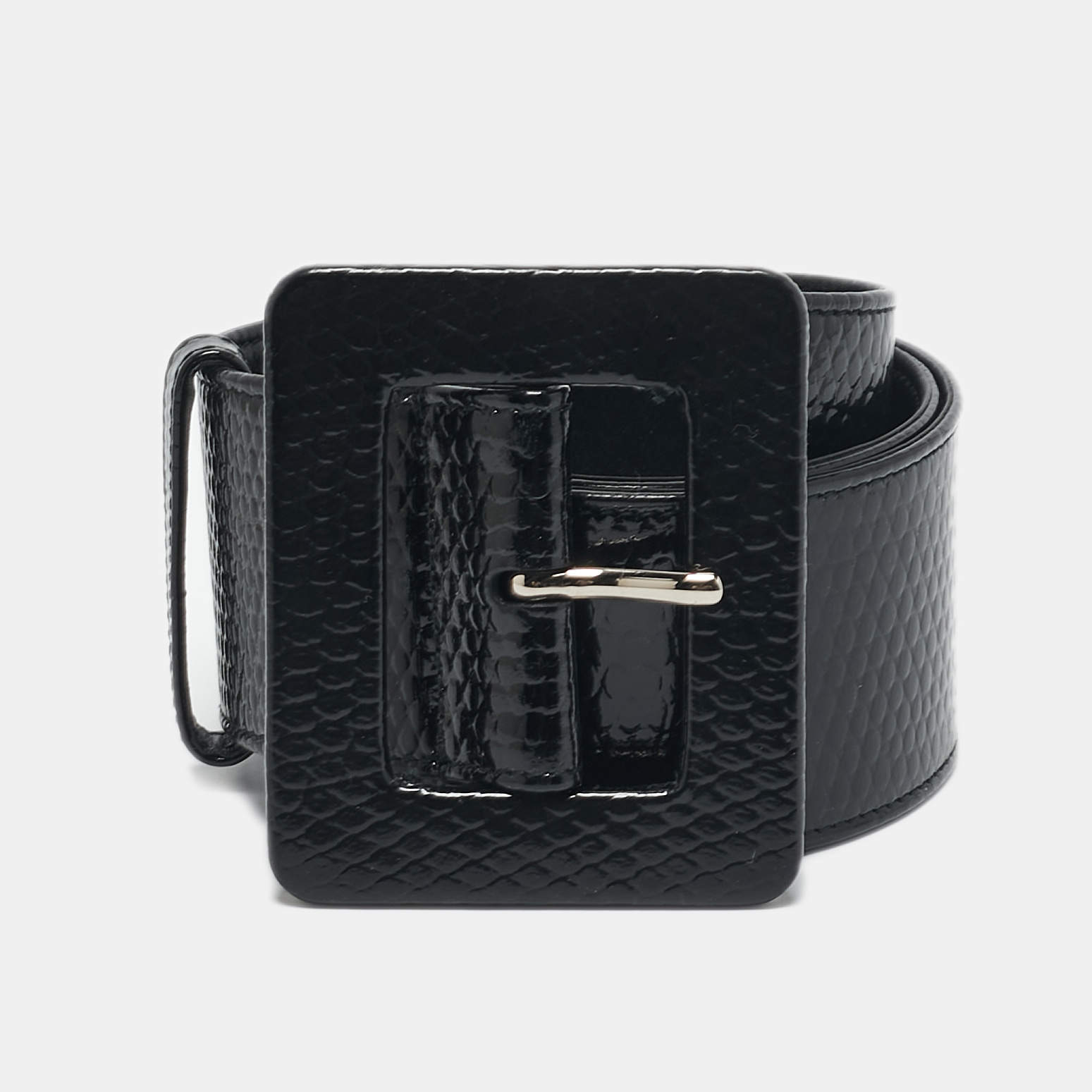 Saint Laurent Black Lizard Embossed Patent Leather Buckle Wide Belt 75CM