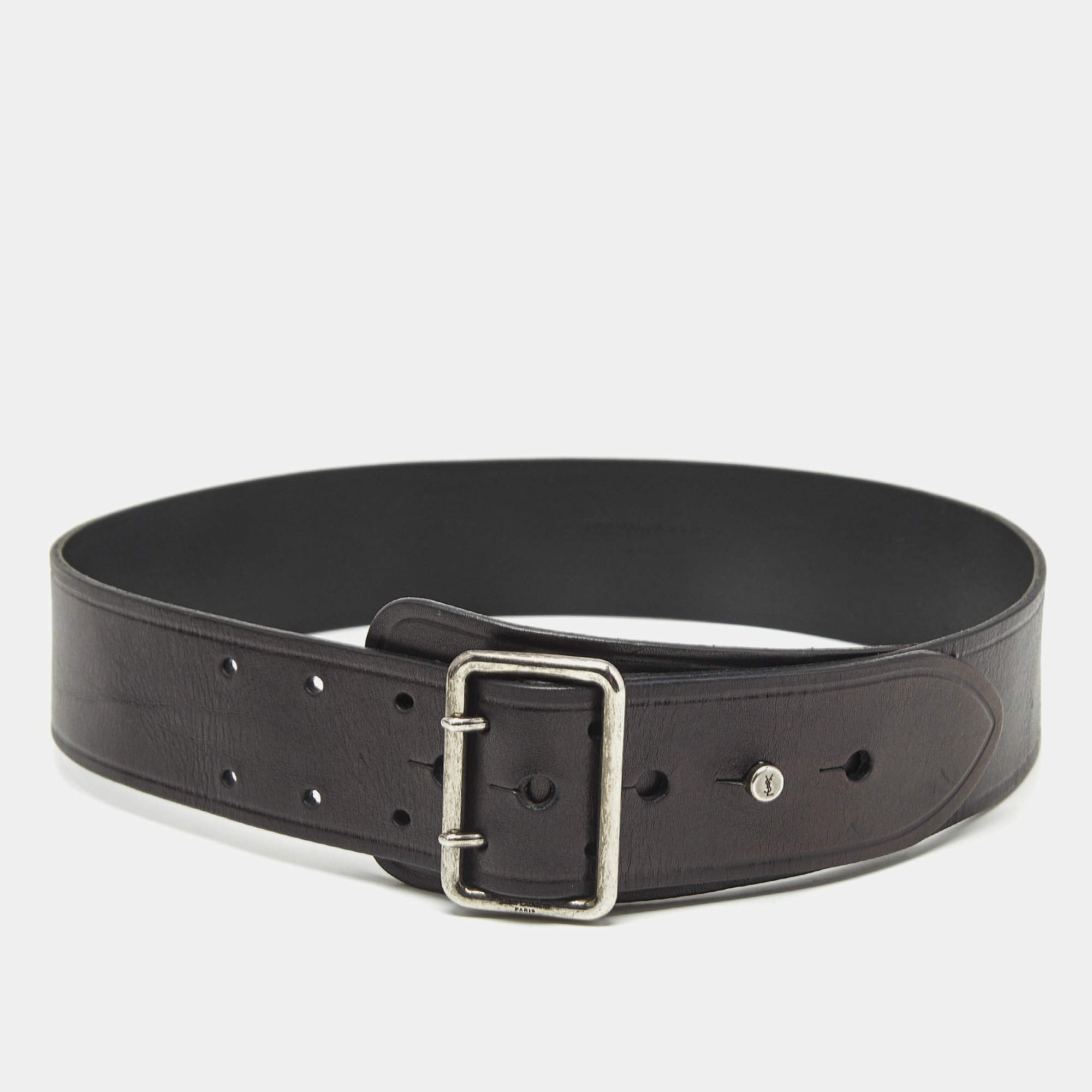 Saint Laurent Black Leather Buckle Waist Belt 75CM
