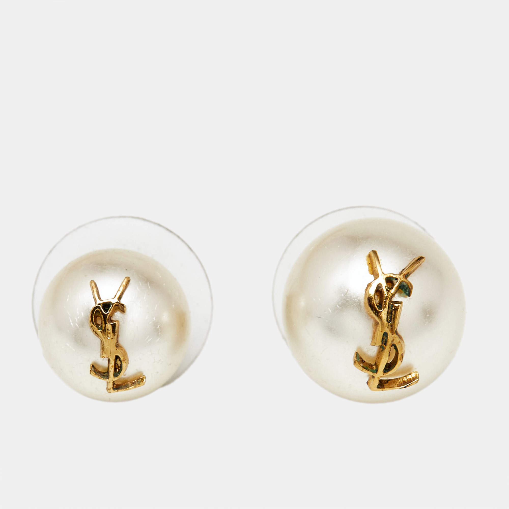 مملوكة مسبقًا Saint Laurent Logo Faux Pearl Stud Earrings