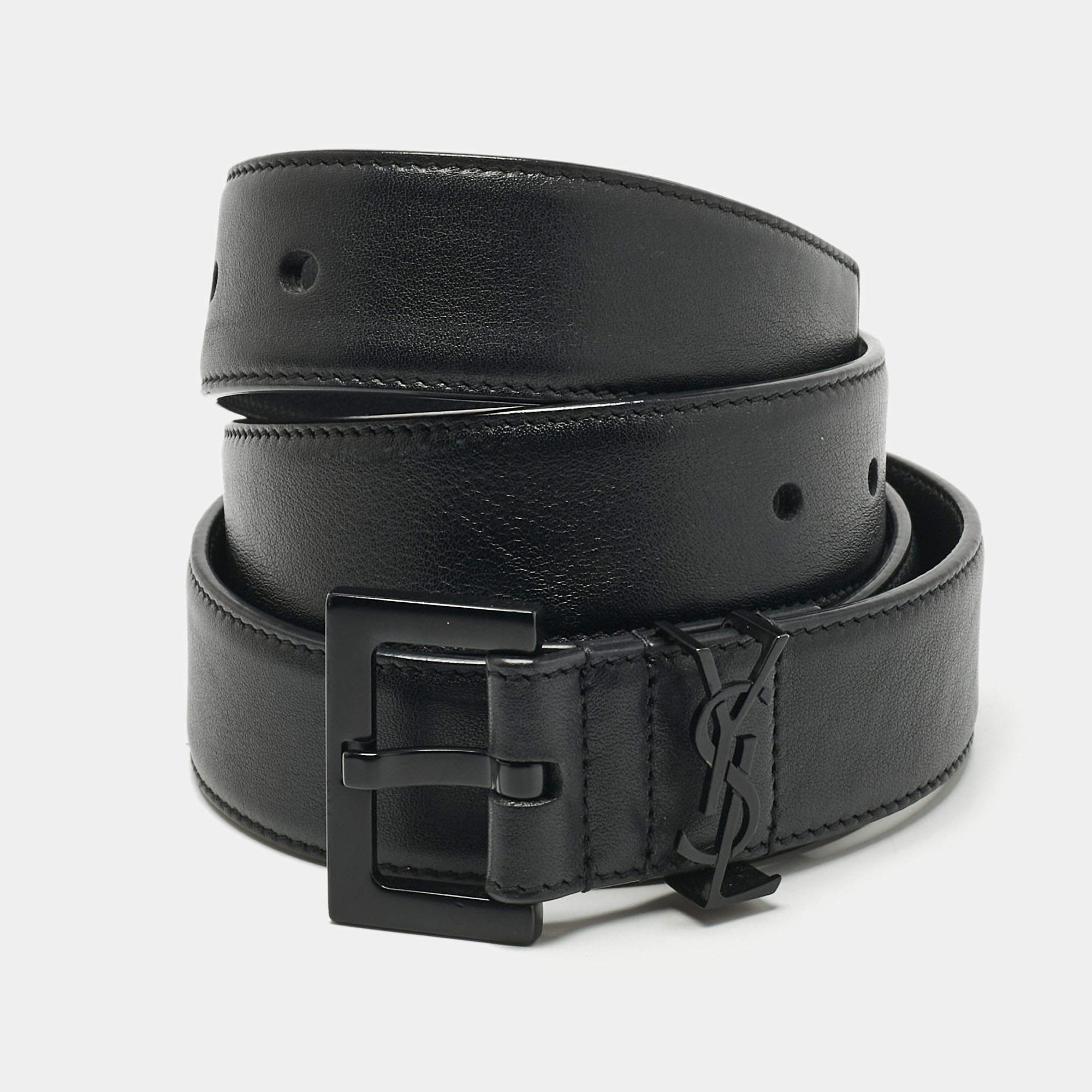 Pre Owned Saint Laurent Black Leather Cassandre Buckle Belt 85 CM