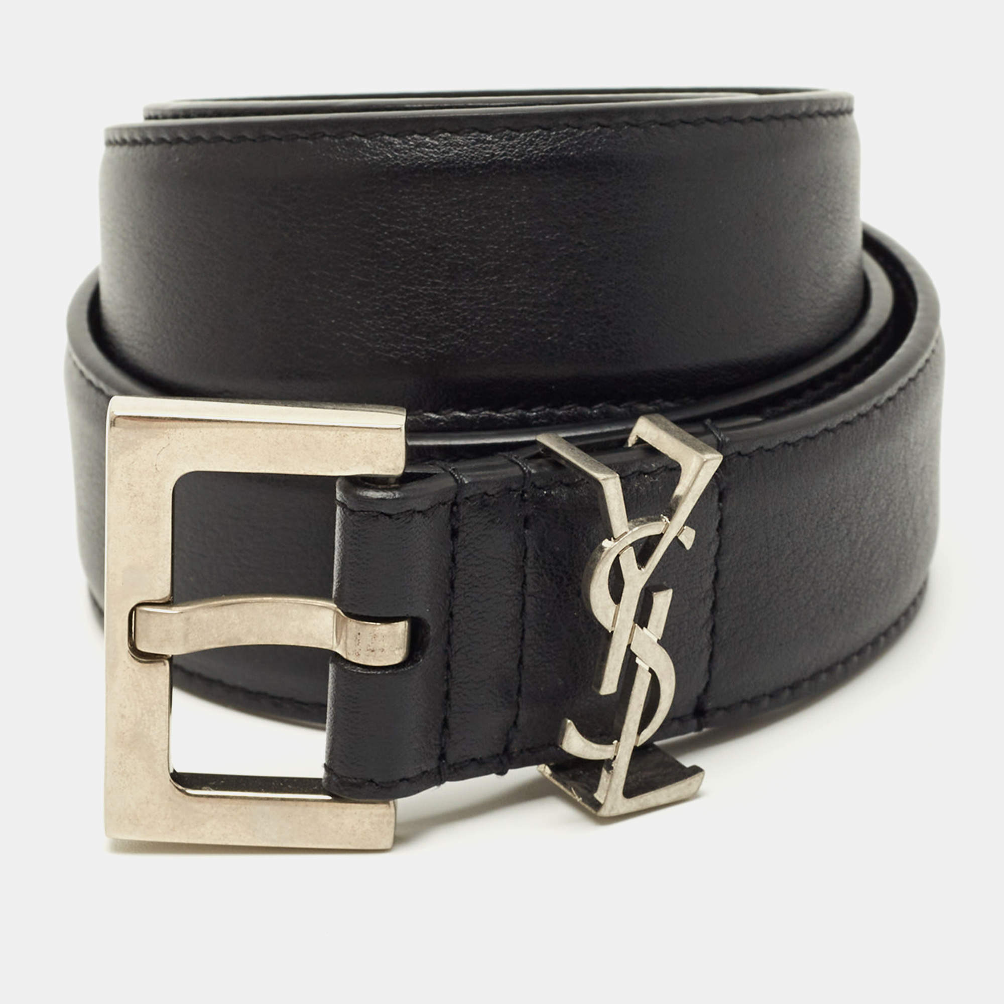 Pre Owned Saint Laurent Black Leather Cassandre Buckle Belt 70CM