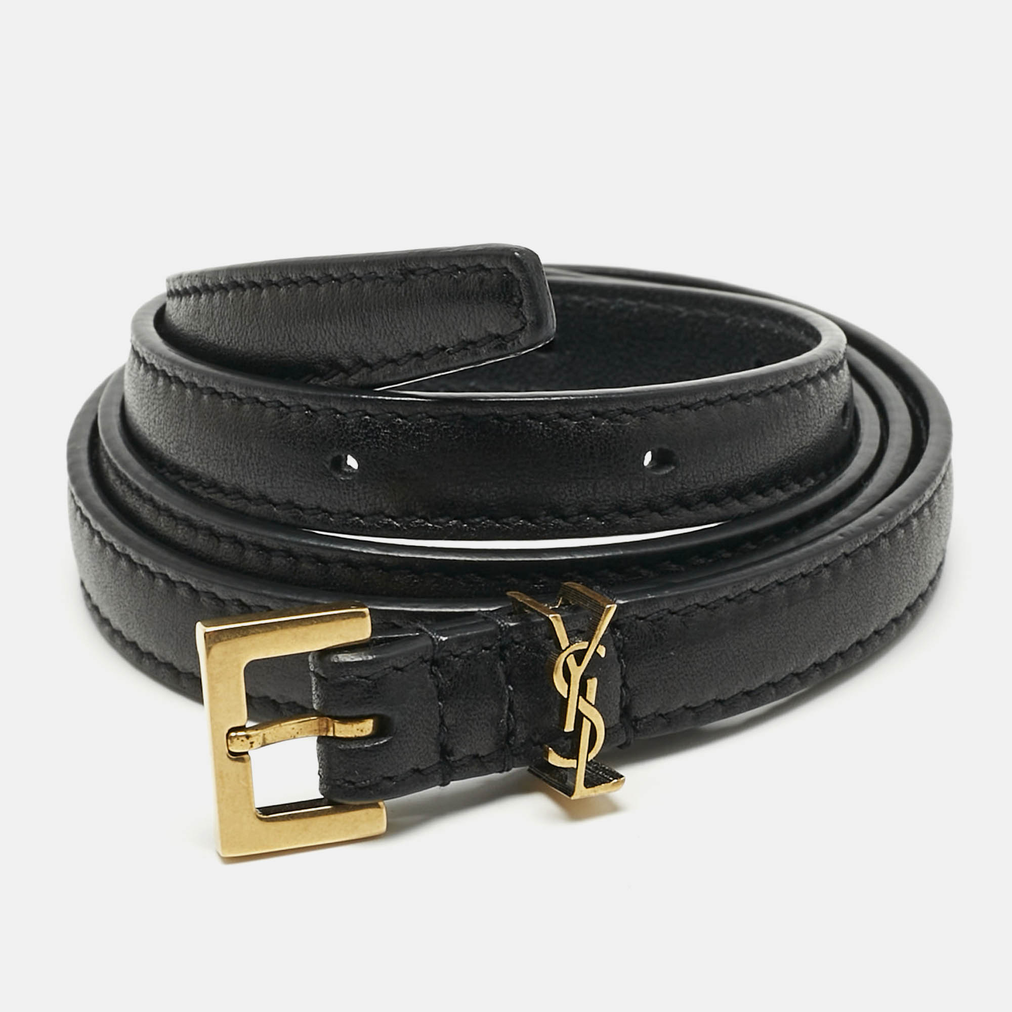 Pre Owned Saint Laurent Black Leather Cassandre Extra Thin Belt 70 CM