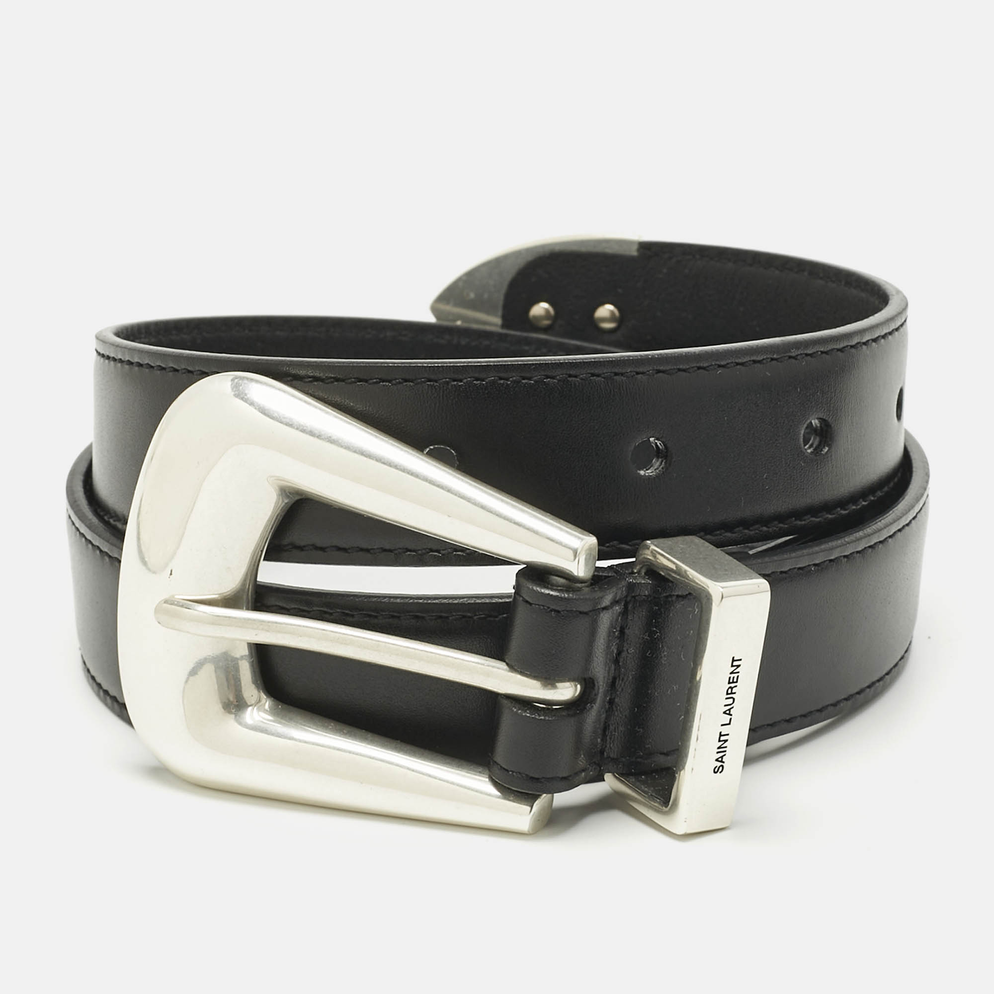 Pre Owned Saint Laurent Black Leather Folk Buckle Belt 70 CM