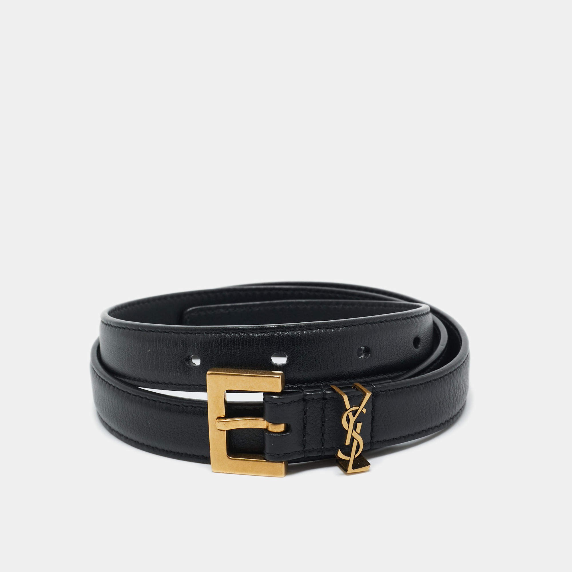 Pre Owned Saint Laurent Black Leather Cassandre Slim Belt 70 CM