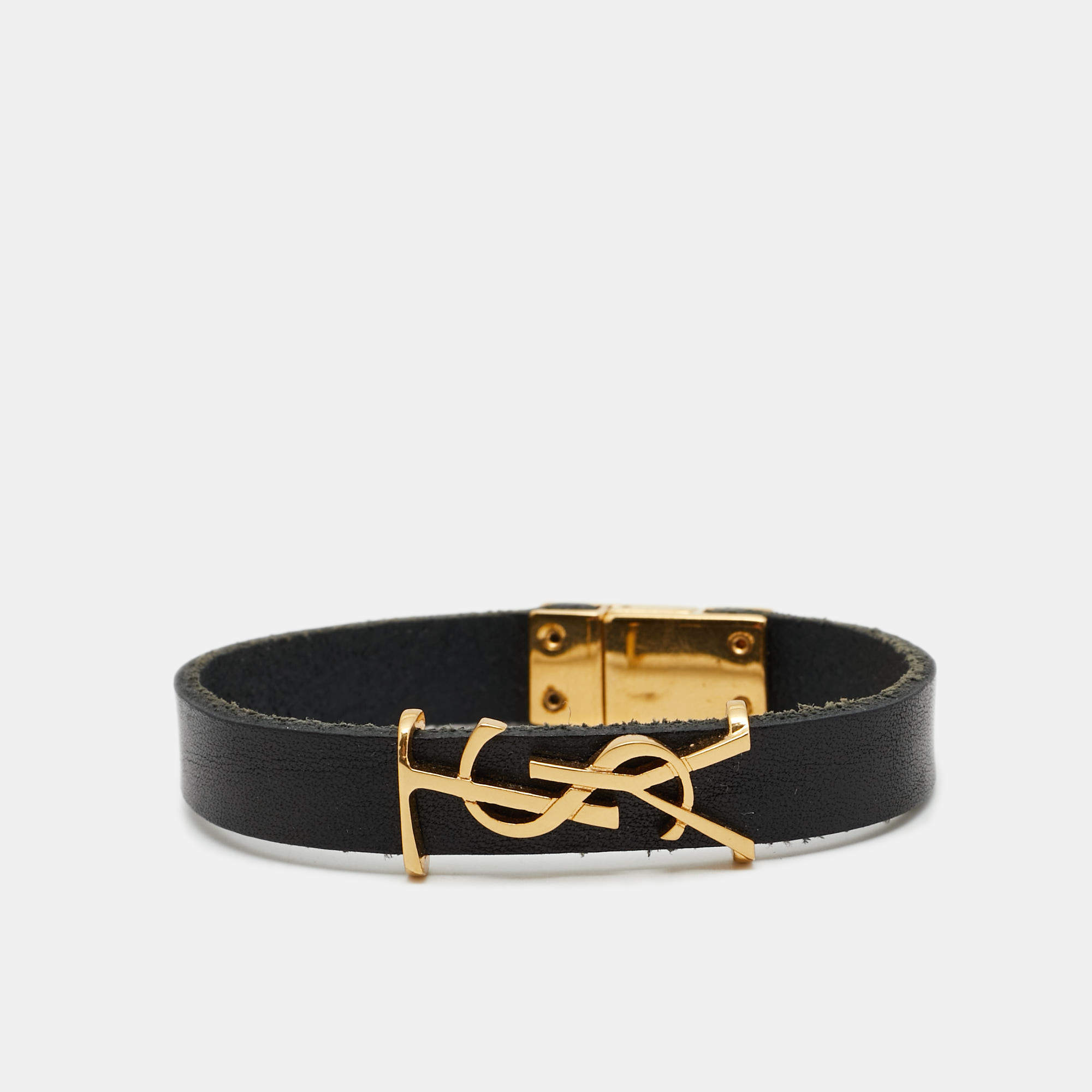Pre Owned Saint Laurent Opyum Black Leather Gold Tone Bracelet