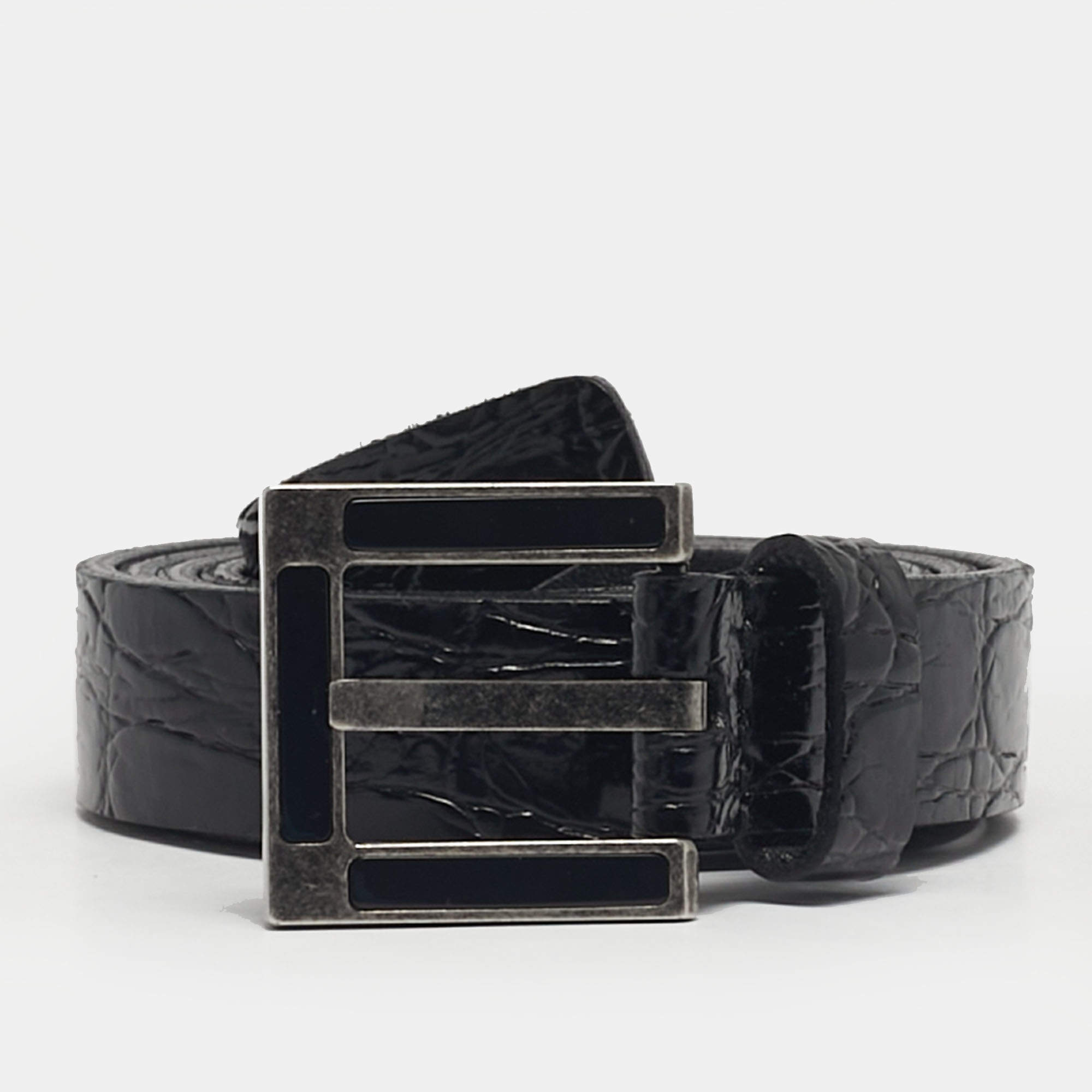 Pre Owned Saint Laurent Buckle Belt Black Crocodile Embossed Leather