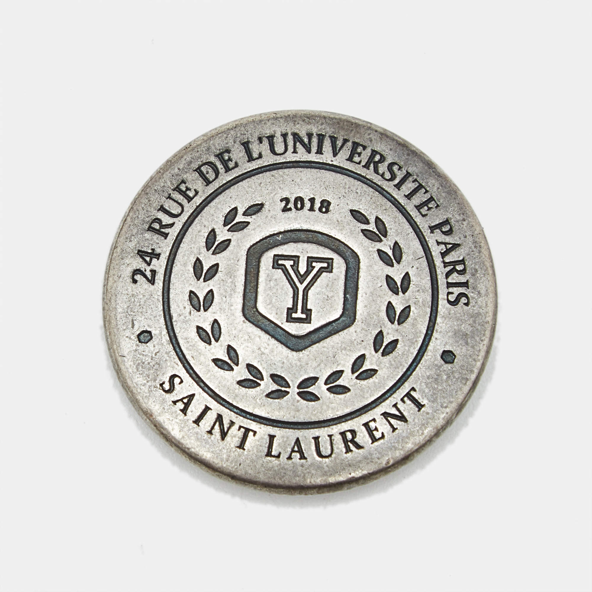 Pre Owned Saint Laurent Paris Silver Tone Medallion Pin Brooch